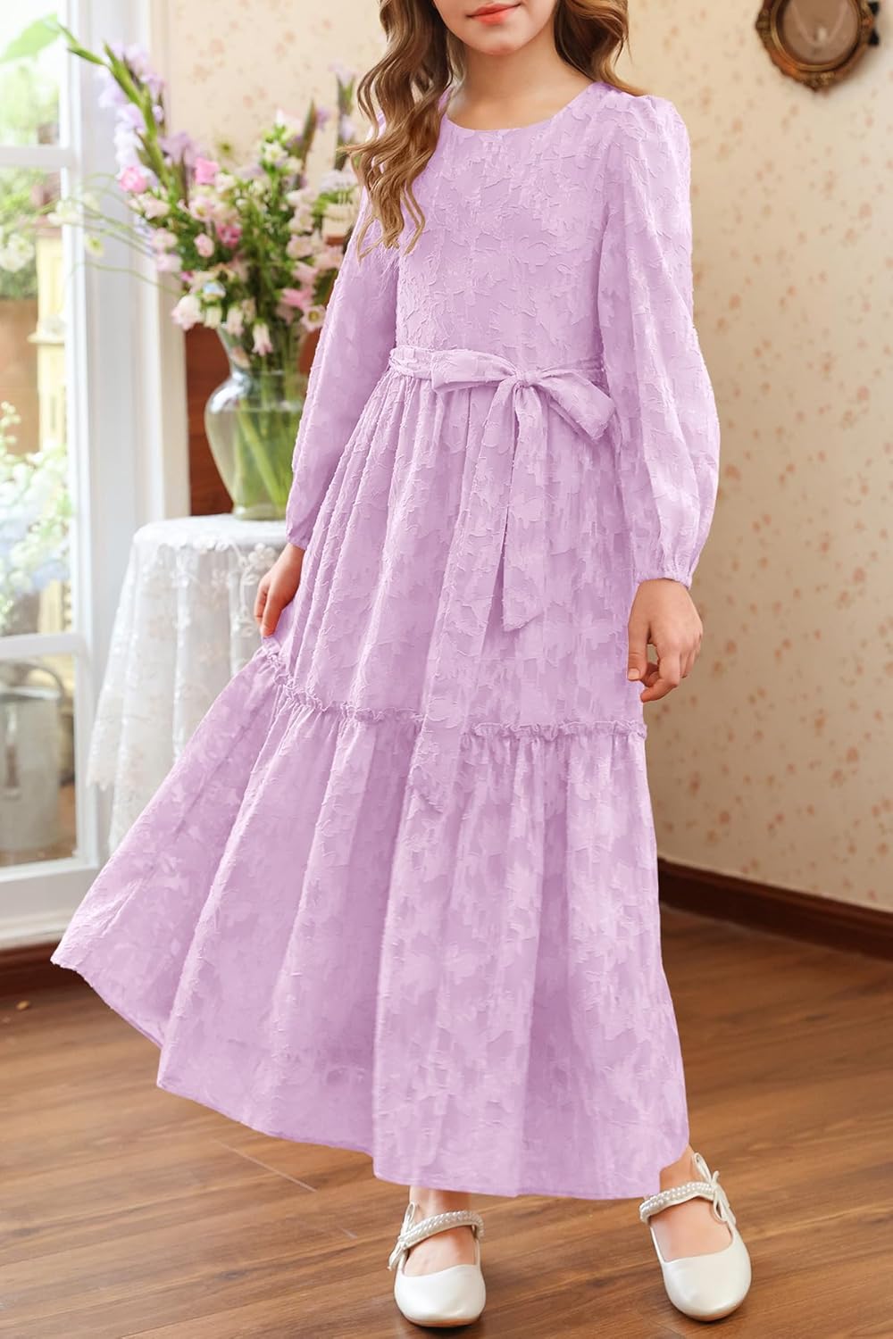 MITILLY Girls Long Sleeve Dress Elegant Floral Crew Neck Elastic Waist Formal Maxi Dresses with Belt 6-12 Years - Image 3