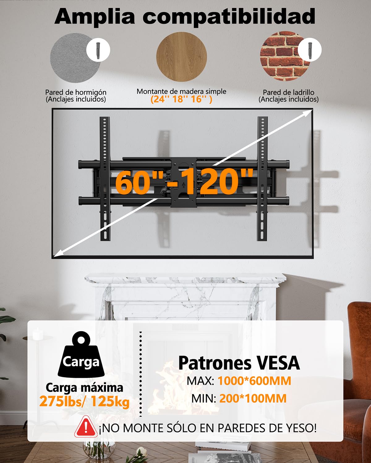 Soporte TV Pared para Pantallas Planos y Curvos de 60-120 Pulgadas, Soporte Pared TV Movimiento Completo Inclinable y Giratorio con Brazos Dobles, Máximo VESA 1000x600 mm hasta 125 kg