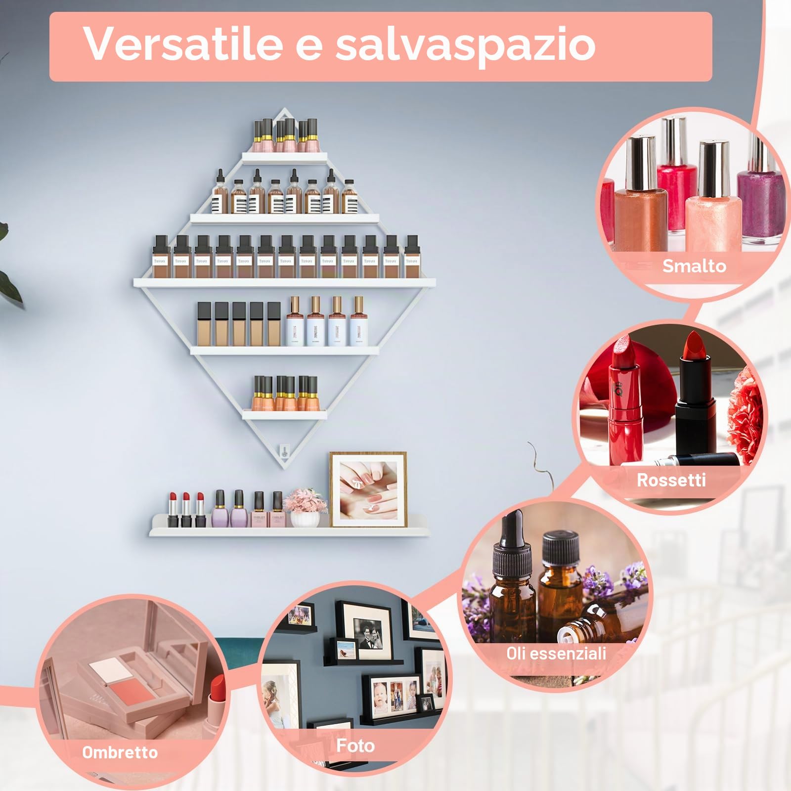 Set di 2 ripiani per smalto per unghie in metallo a forma di diamante, organizer per smalto per unghie con 5 livelli, supporto da parete per smalto per unghie, oli essenziali, rossetto