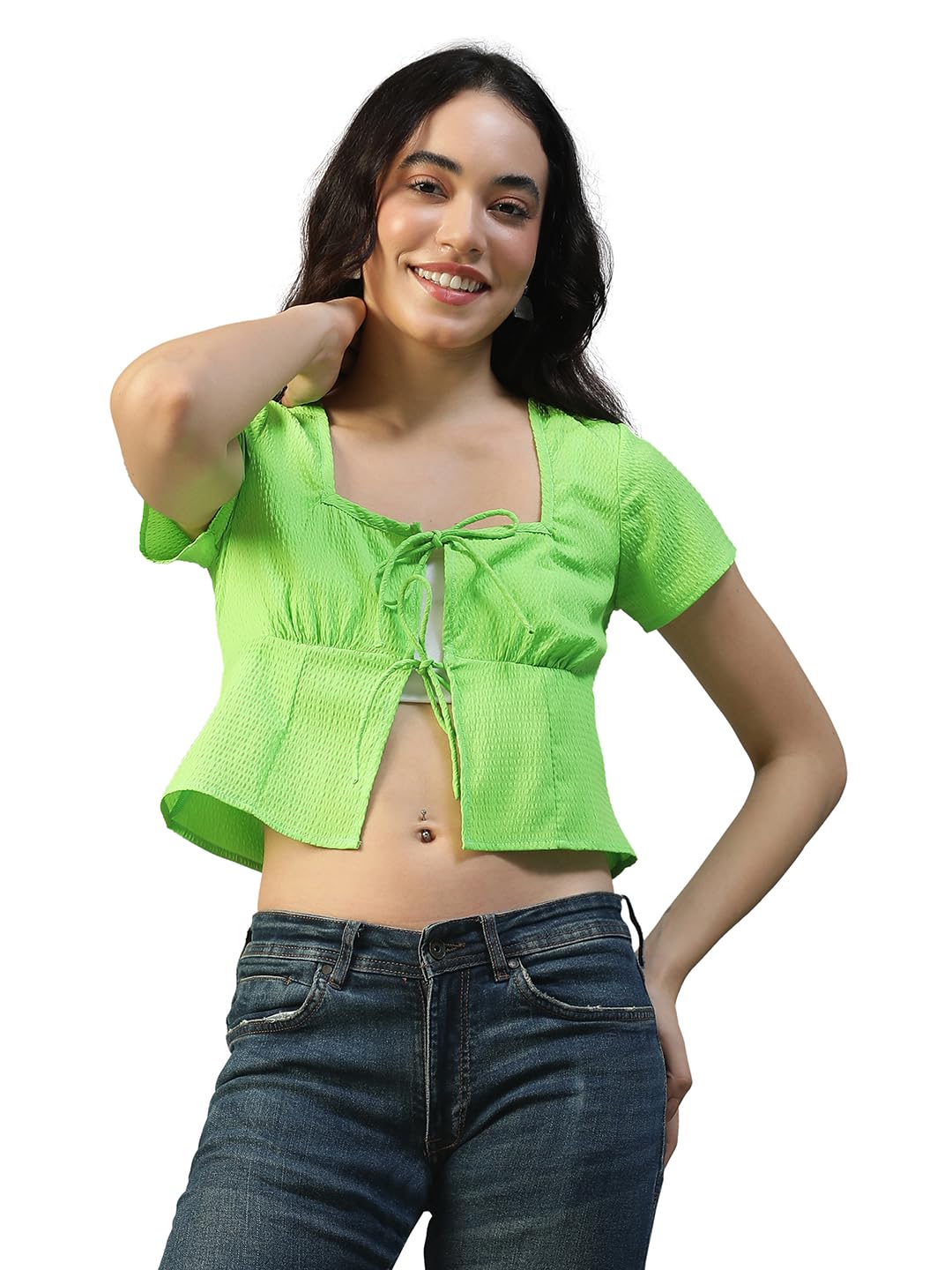 oxolloxo Women Solid Round Neck with Front Tie-Up Detail Short Sleeve Seersucker Dobby Top-picture-26