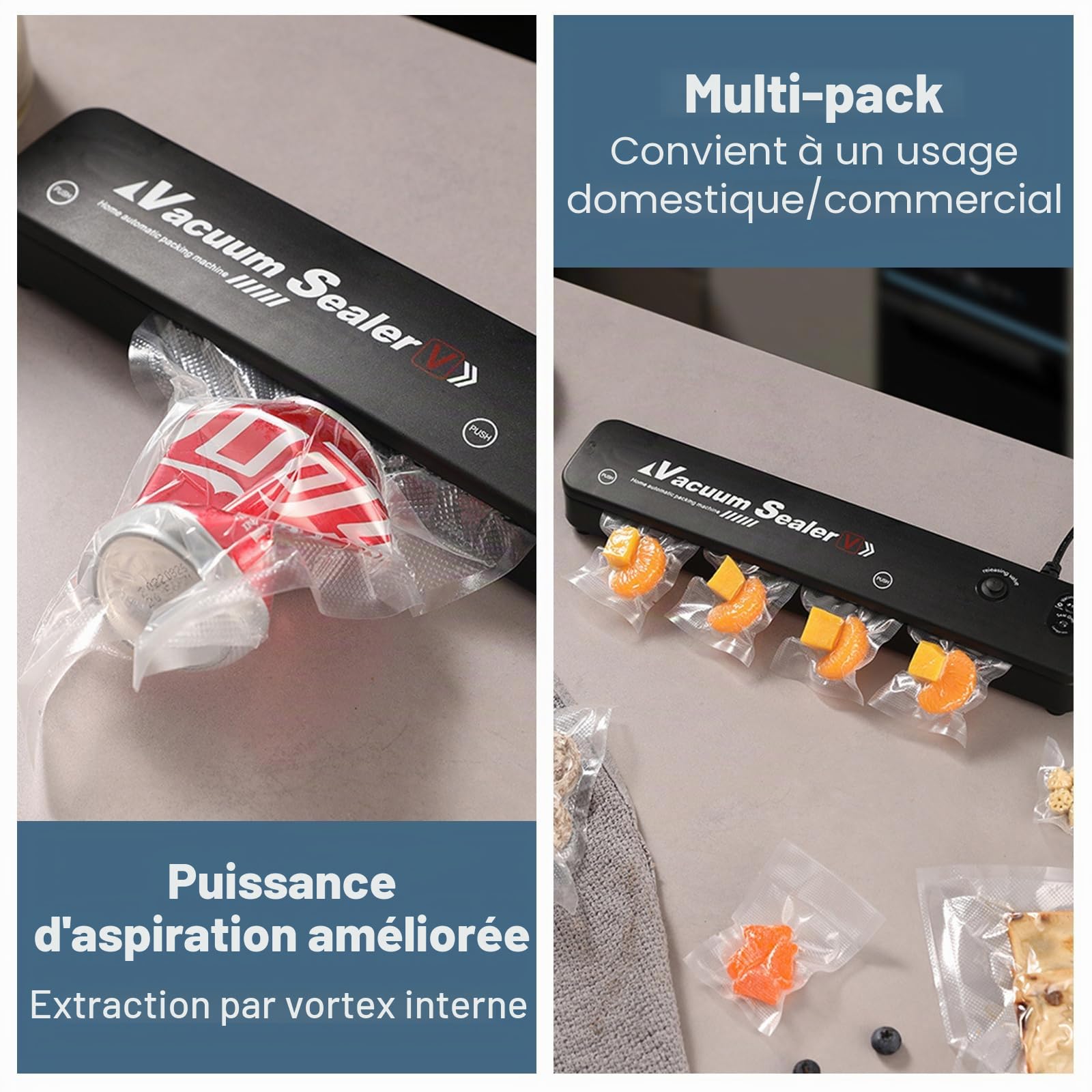 Scelleur alimentaire sous vide avec 10 PCS sacs de scellage Sacs de conservation réutilisables pour la cuisson sous vide, anti-fuite et résistant à l'humidité