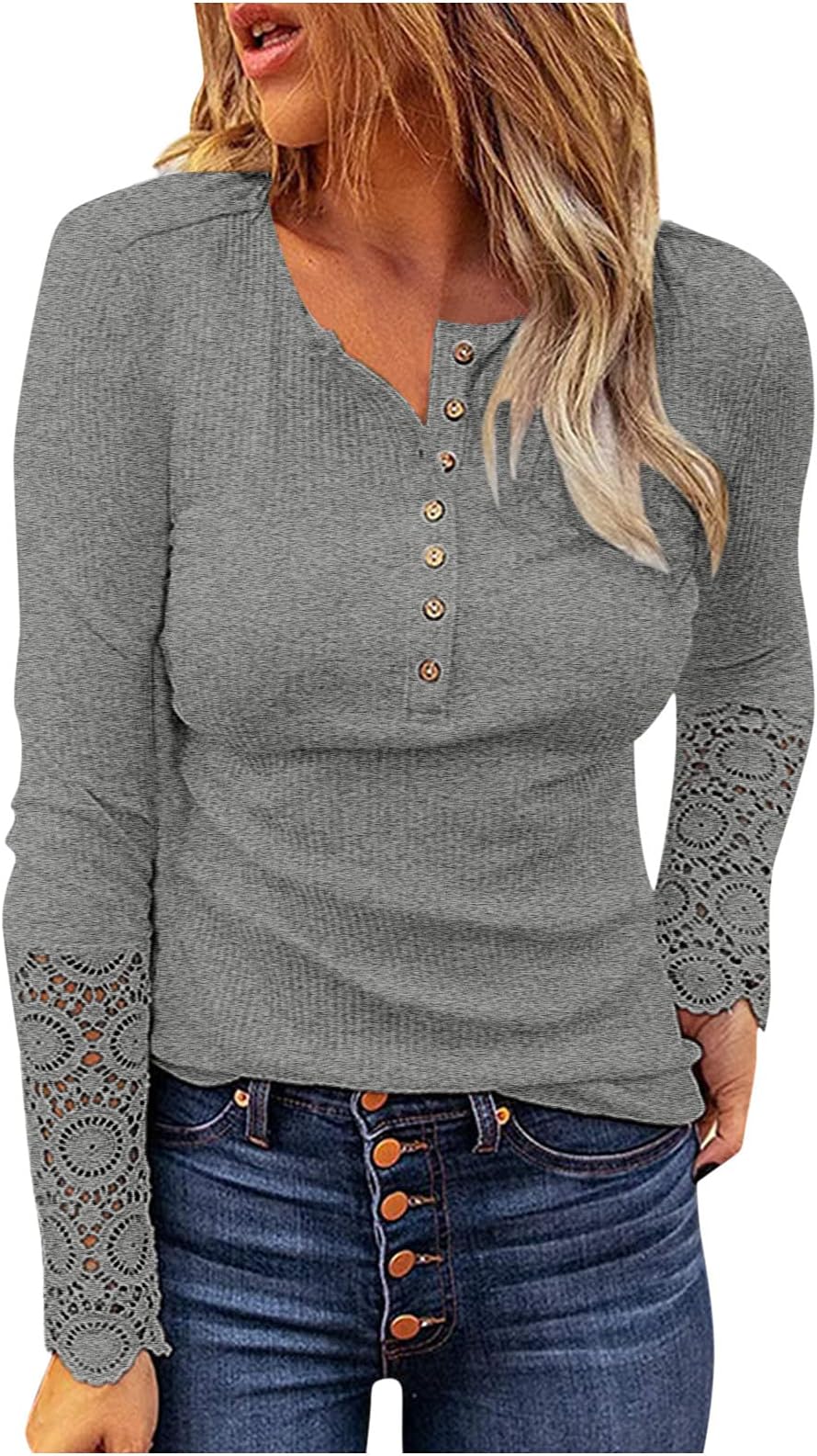 VESNIBAWomen's Long Sleeve V-Neck Lace Front Button Slim Fit Casual Tunic Tops Blouse Ladies Henley Raglan T Shirts