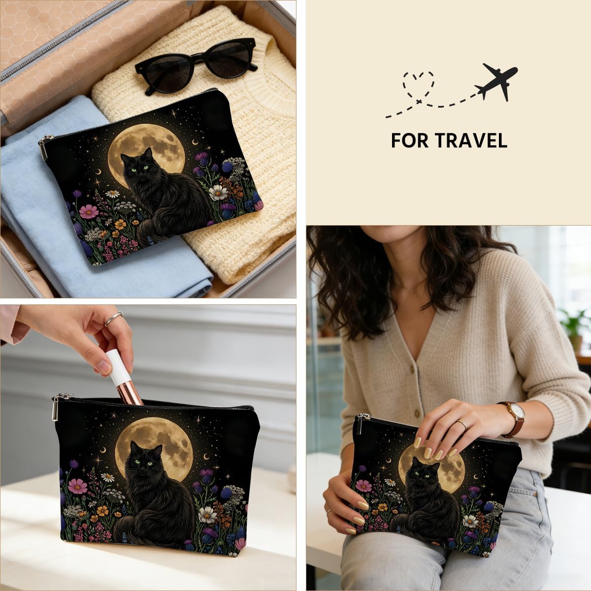 Moon Cat Makeup Bag Boho Flower Cosmetic Bags Travel Toiletry Zipper Pouch image 5