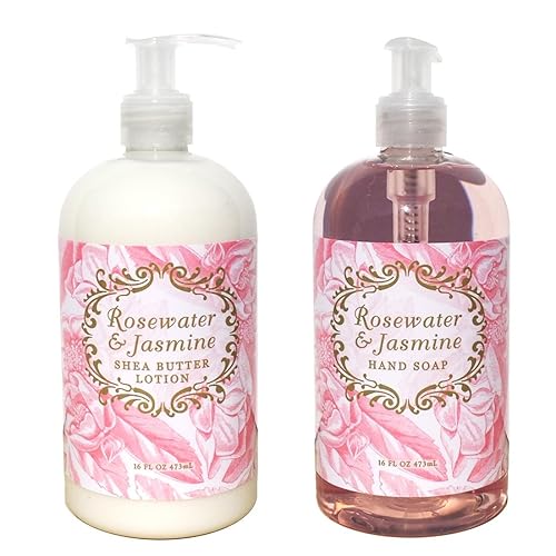 Greenwich Bay - Juego de loción para manos y cuerpo y jabón de manos enriquecido con manteca de karité, 16 onzas cada una. (jazmín de agua de rosas)