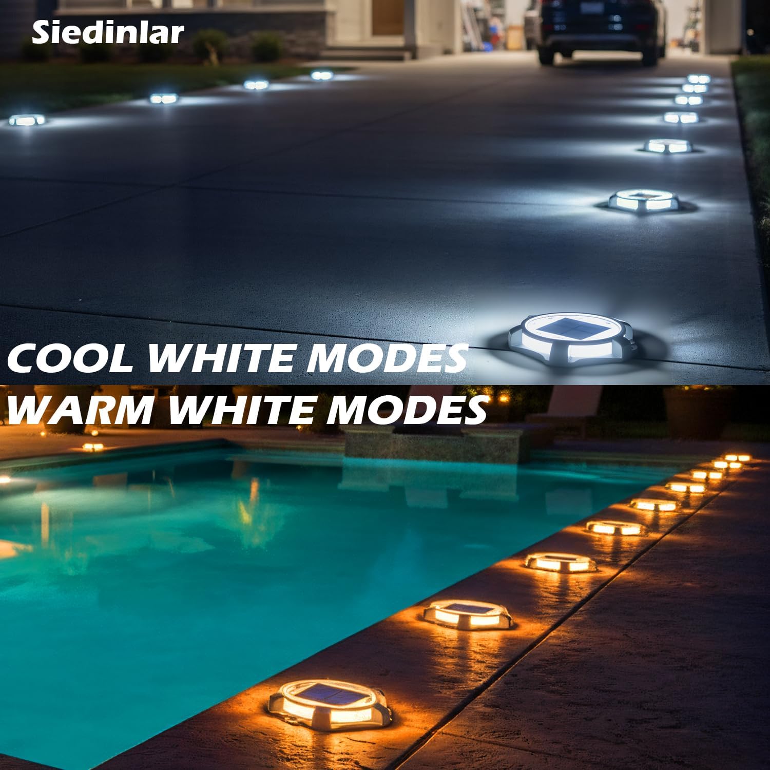 SIEDiNLAR Solar Deck Lights Outdoor 2 Modes LED Driveway Markers Dock Light Waterproof for Walkway Step Ground Stair Pathway Yard Garden Road 16 Pack (Cool White/Warm White)