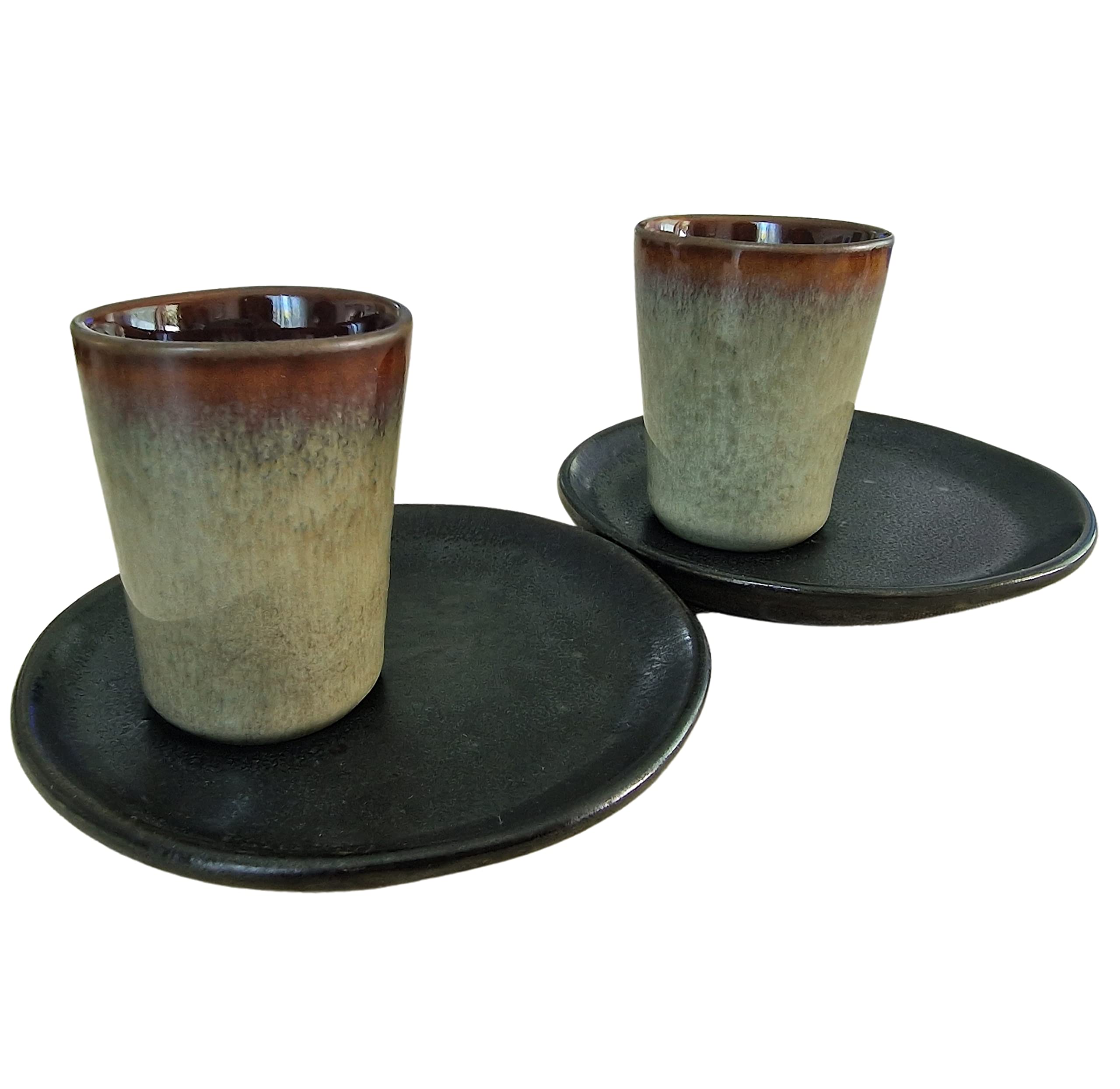PintoCer - Set Espresso Coffee Cup 60ml Ceramic Gres, Stoneware, Handmade in Portugal, Small, Set of 2 Green Cup, 2 Black Plate.Microwave and Dishwasher Safe