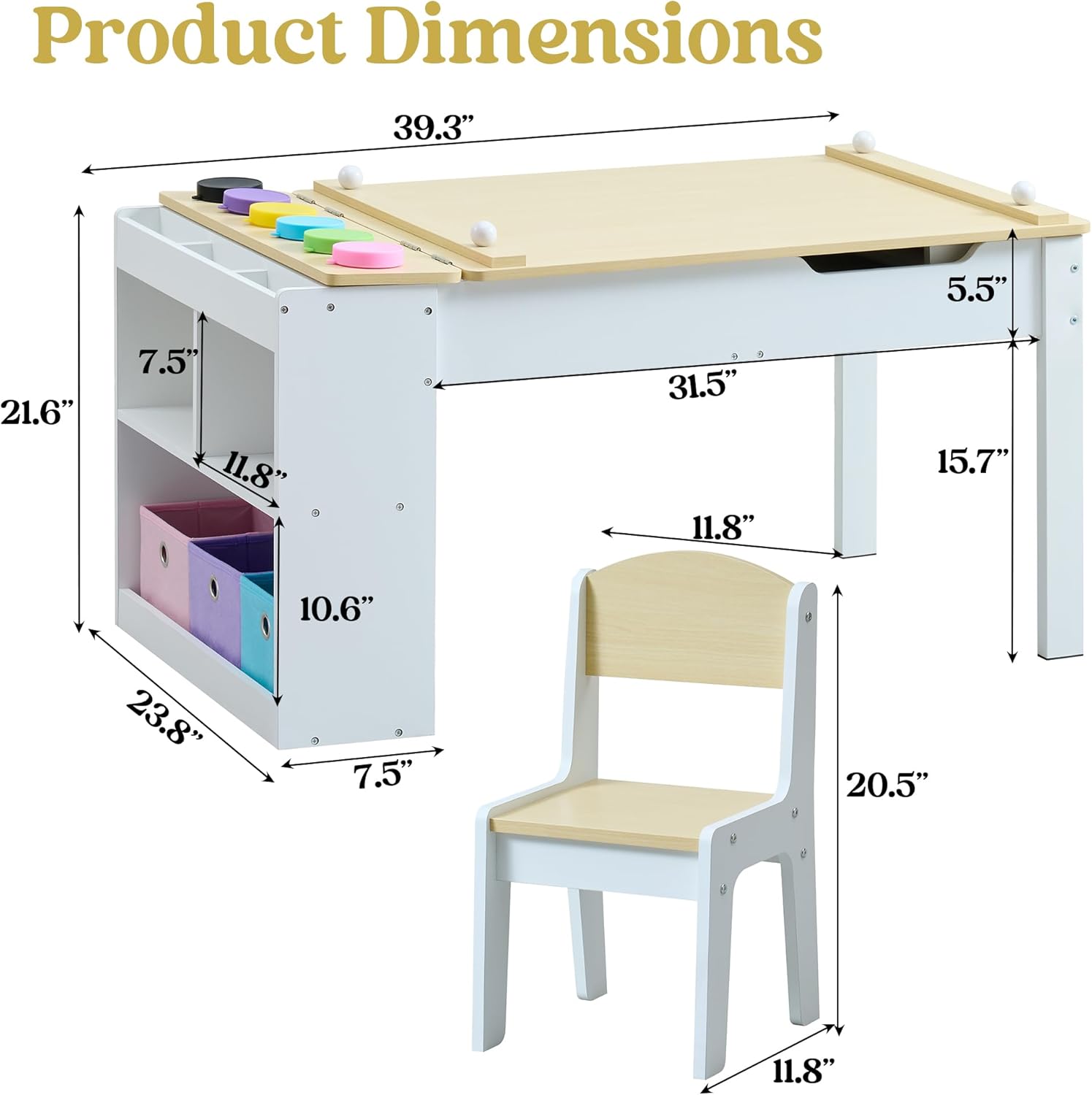 Kids Art Table Set with Chairs, 3-in-1 Kids Art Easel & Craft Desk for Coloring Drawing, Activity Table with 6 Paint Cups, 6 Storage Bins & Paper Roll Holder