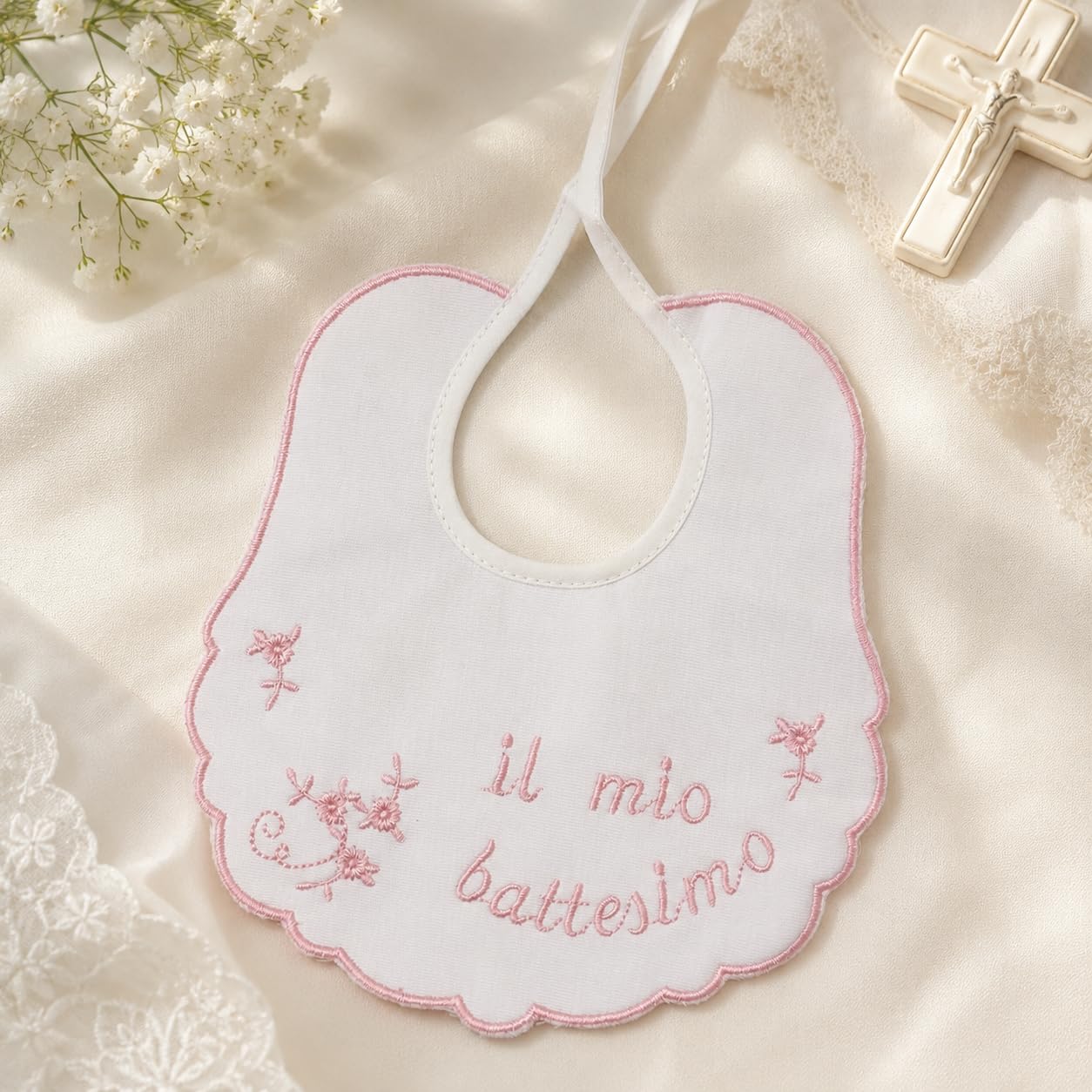 Bavaglino Il Mio Battesimo Ricamato 100% Cotone Artigianato Made In Italy