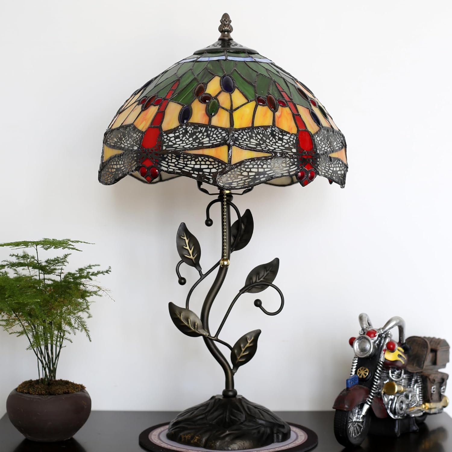 Tiffany Table Lamp Stained Glass Lamp Bedside Desk Reading Light W12H19 Inch Metal Leaf Base with Metal Leaf Base Bedroom Living Room (Yellow Dragonfly Style)