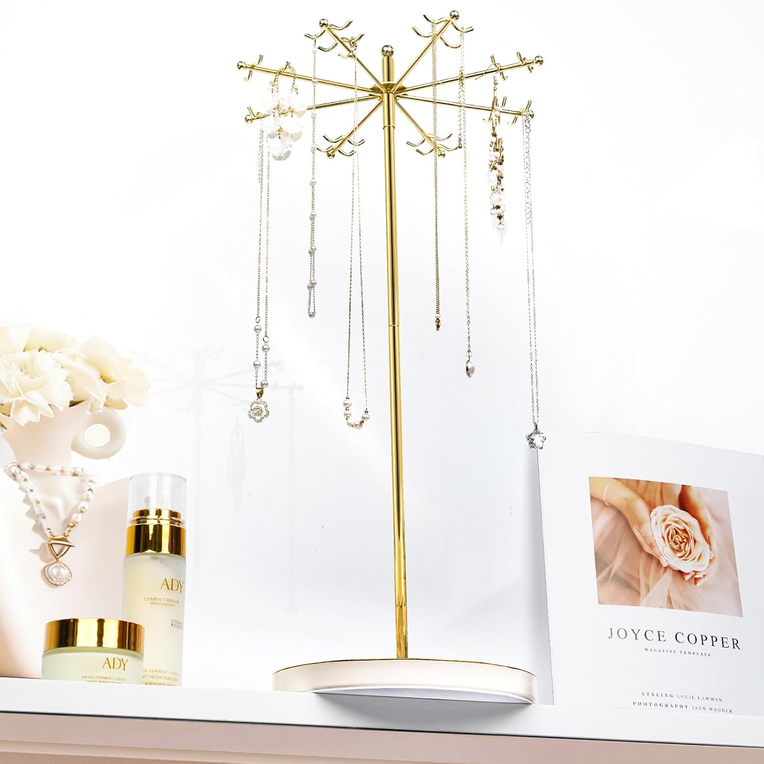 Necklace Holder Jewelry Stand, Rotating Necklace Holder Organizer with 32 Hooks, Metal Spinning Jewelry Display Stand for Long Necklace Earring Bracelet Keychain Tree Stand for Women Gold - Image 8