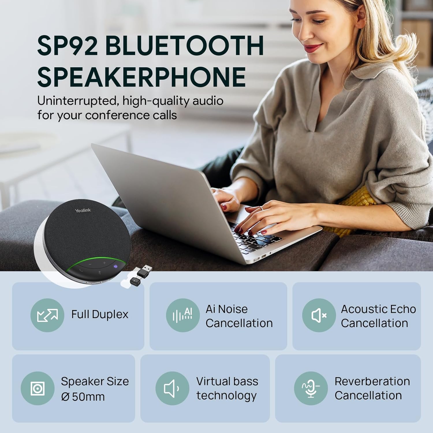 Yealink SP92 Bluetooth Speaker and Microphone with Dongle, Conference Speakerphone for Teams, 13ft 360° Omni Pickup, Full-Duplex Mic, Al Noise Reduction, 20H Call Time, USB C/A - Image 2