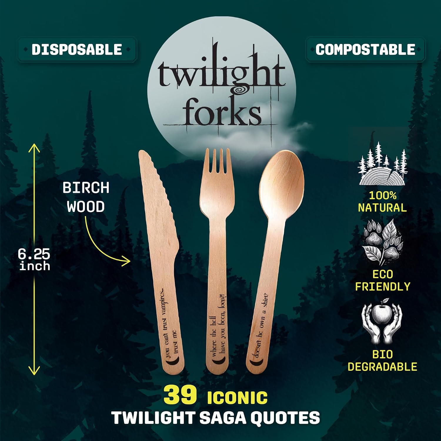 Twilight Forks Disposable Cutlery Set with Iconic Saga Quotes | 39pcs Twilight-Themed Birthday Party Supplies, Decorations, Favors | 13x Forks, Spoons, Knives