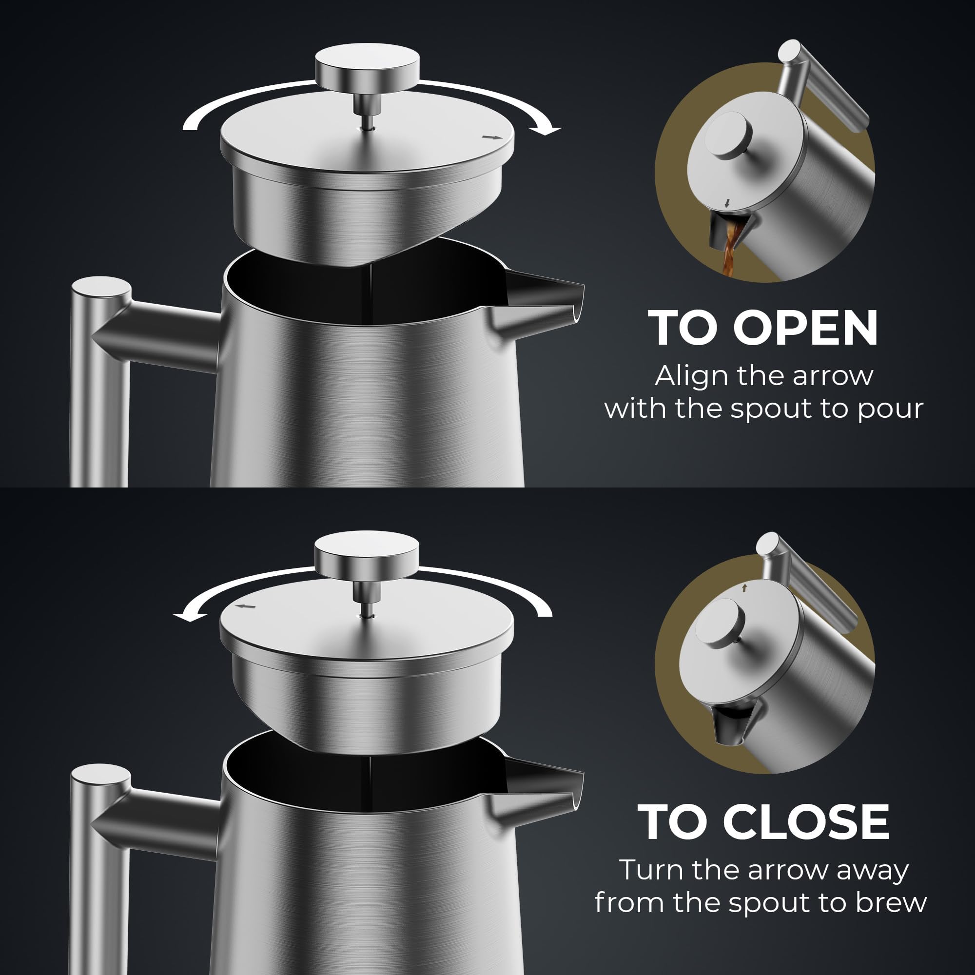Cafetera de prensa francesa, prensa francesa de acero inoxidable, 34 onzas/1 L, cafetera grande aislada de doble pared con 3 filtros de malla adicionales, acabado satinado, color plateado
