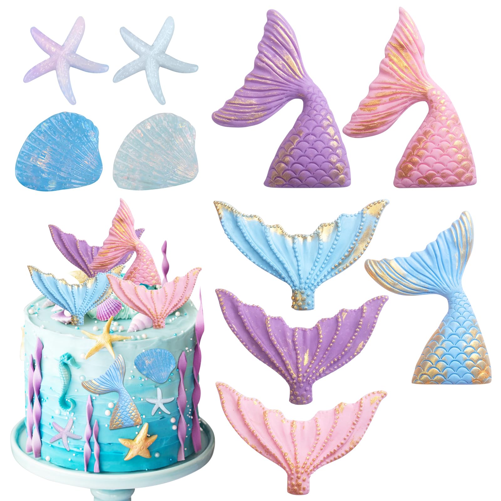 Satiskid 10 Pcs Mermaid Cake Topper Mermaid Tail Cake Decoration Happy Birthday Cake Toppers Under the Sea Cake Toppers Seashell Starfish Cake Decorations for Mermaid Theme Princess Underwater Party