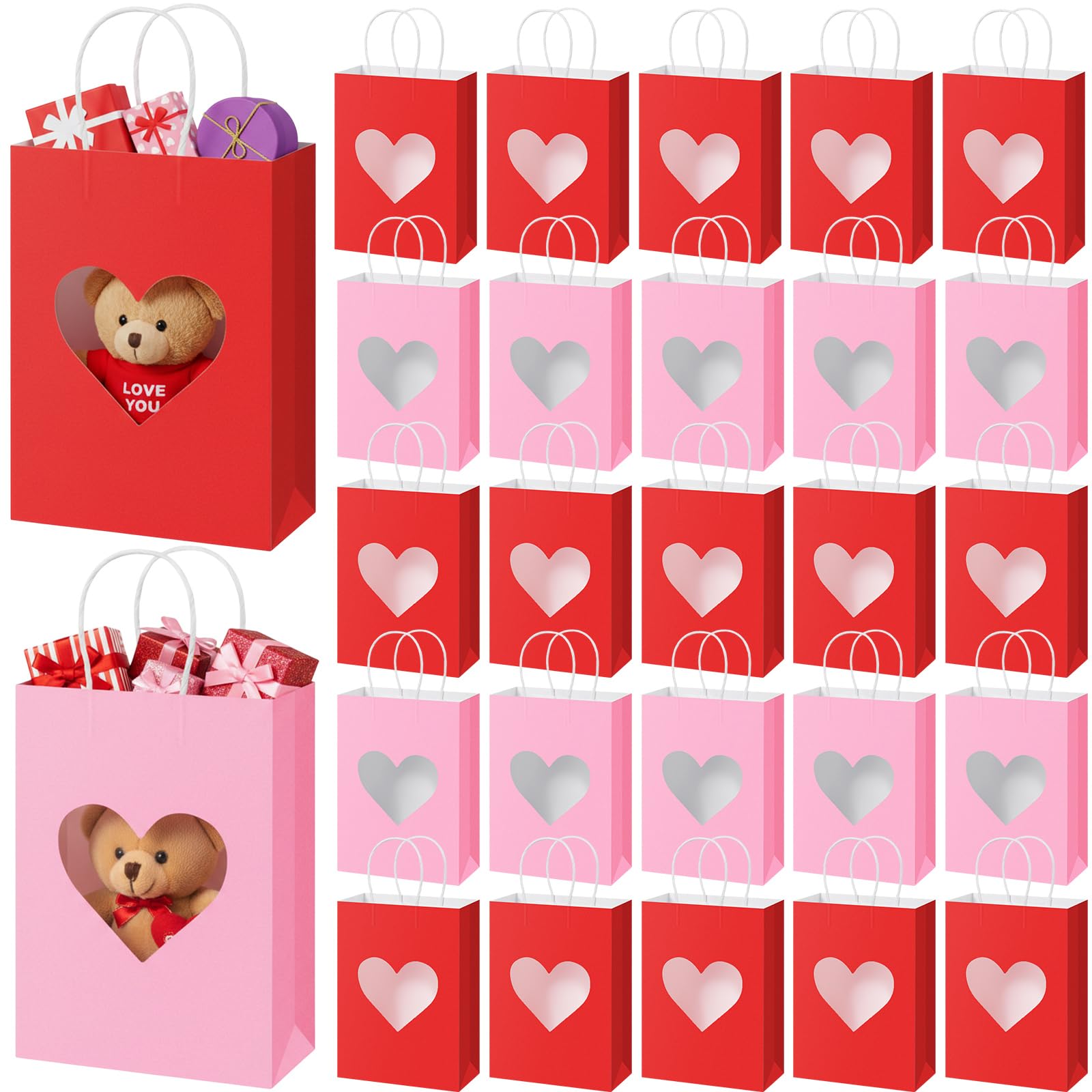 Gilprop 24 Pcs Red Pink Paper Gift Bags with Heart Clear Window & Handles, Treat Bags Bulk for Mother's Day, Galentines Party, Wedding Favor, Bridal Shower Packaging for Candy Cookies (Red Pink)