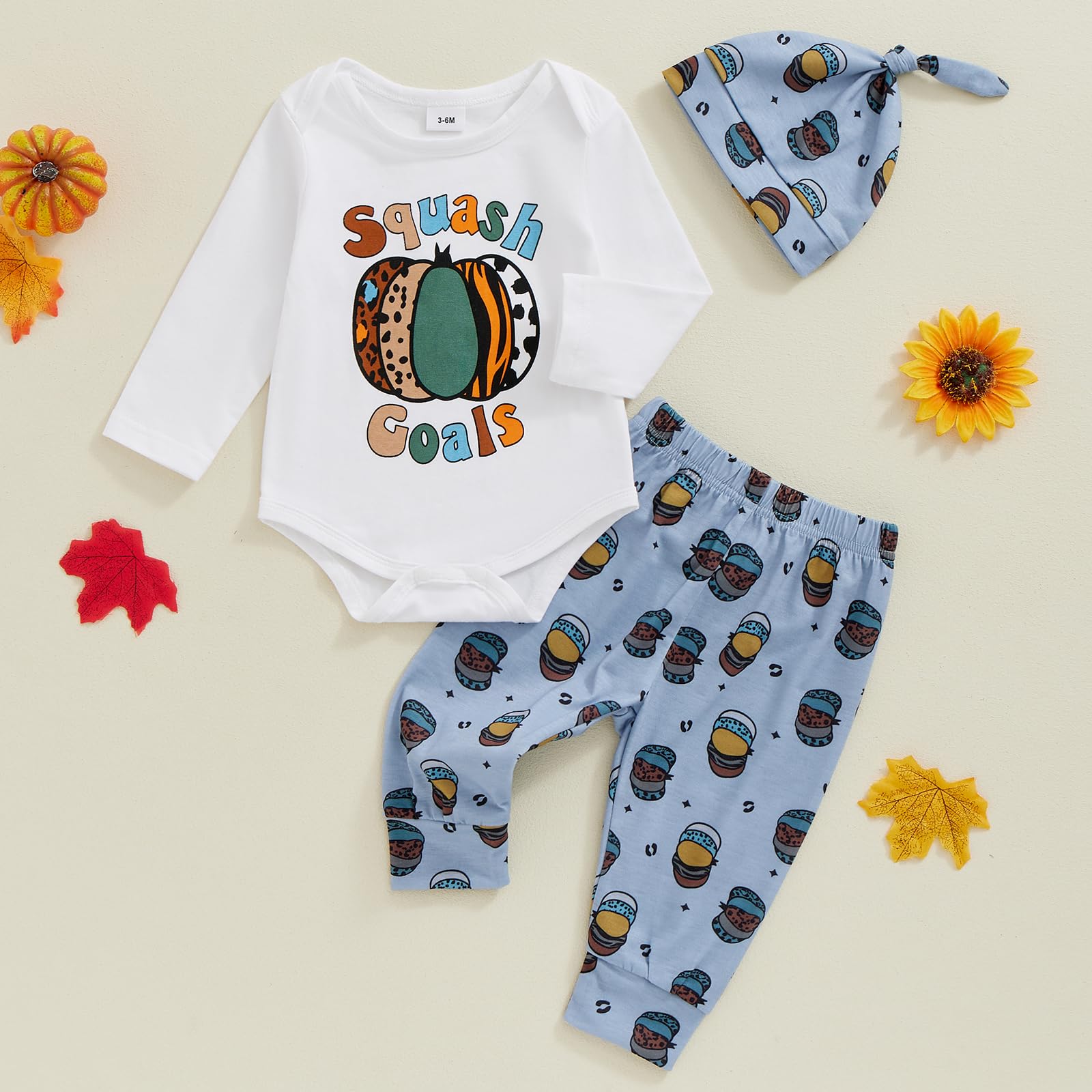 Newborn Boy Halloween Outfit with Hat, Baby Boy Pumpkin Romper and Pants Fall Infant Clothes Set (White squash pumpkin goals, 3-6 Months)