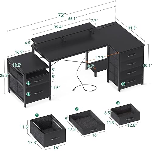 Miniatura 3 de Escritorio en forma de L con 6 cajones y toma de corriente, escritorio de computadora de 72 pulgadas con cajón de archivos y estante para monitor,