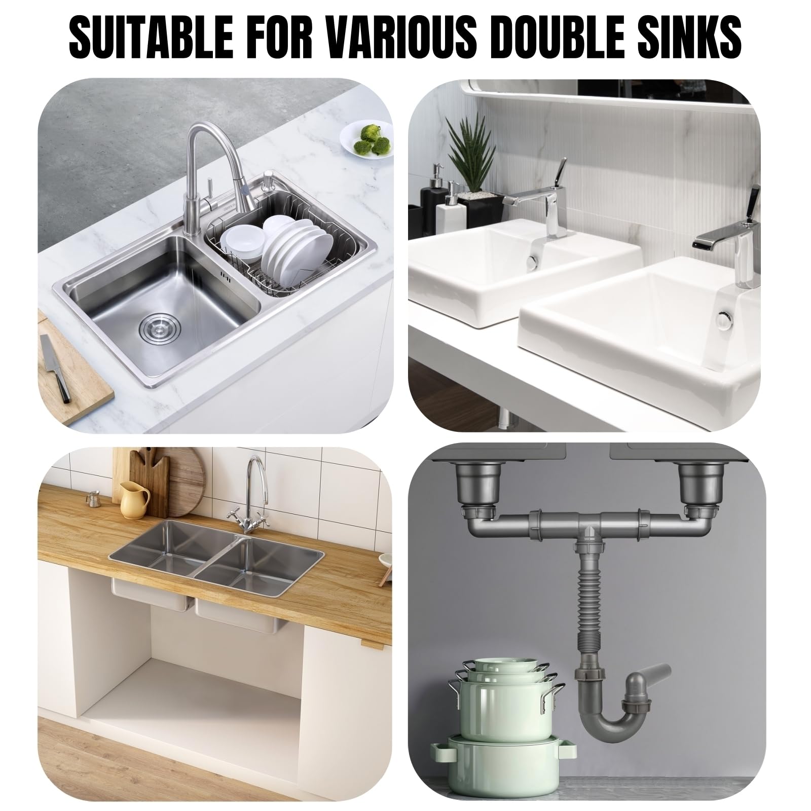 Kit de tubo de drenaje doble para fregadero de cocina de 1-1/2 pulgadas, trampa P expandible y flexible, toma de pared, kit de repuesto completo de tubería de fregadero