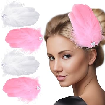 4pcs Feather Hair Clips, Fly-Wing Shape Alloy Hairpins, Vintage 1920s Hair Barrettes Headpiece for Swan Lake Cosplay Halloween Dance Parties Banquet Wedding- White & Pink