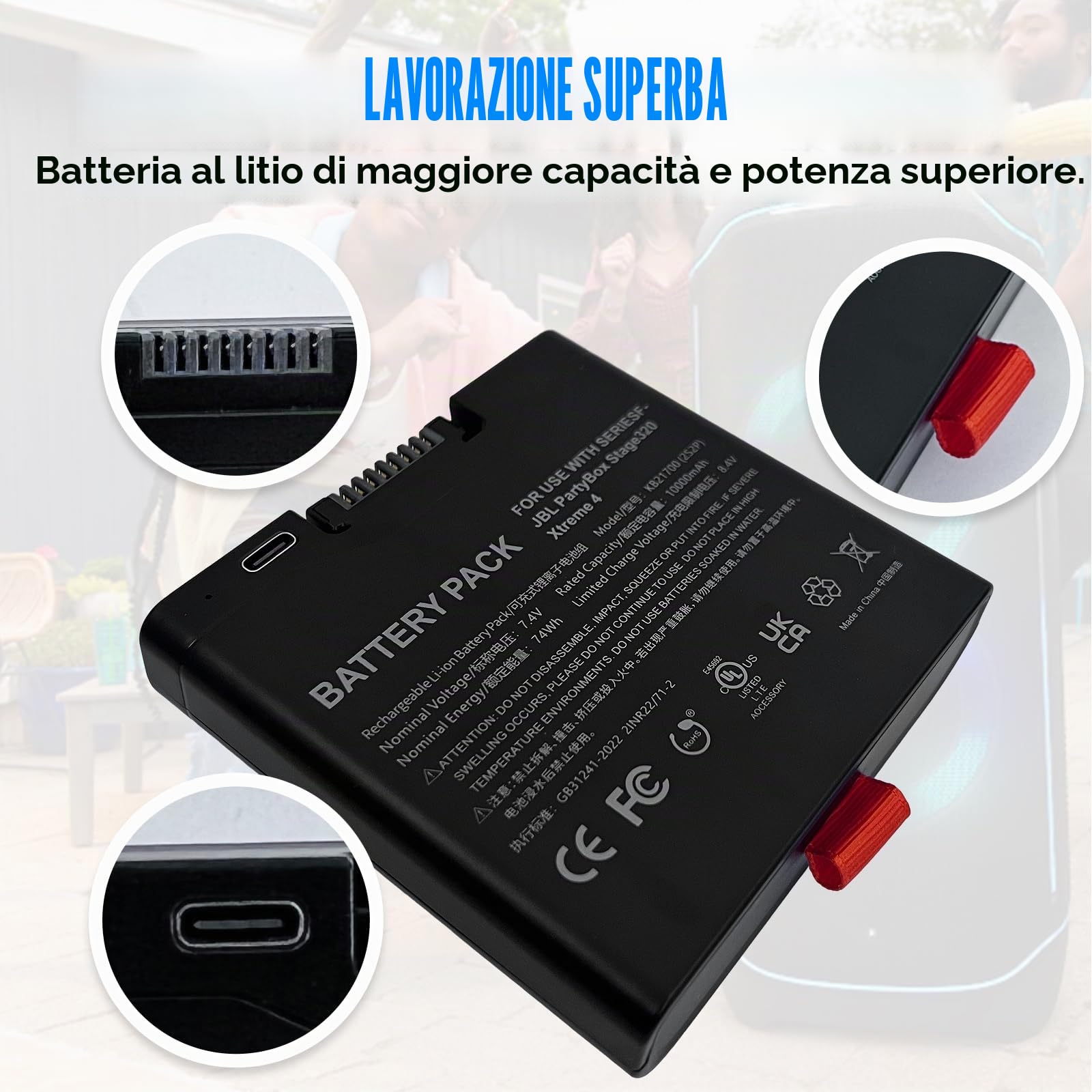 Batteria per JBL PartyBox Stage 320 e Xtreme 4 altoparlanti portatili, sostitutiva per JBL Batteria 400, 7,4 V, 10000 mAh, agli ioni di litio