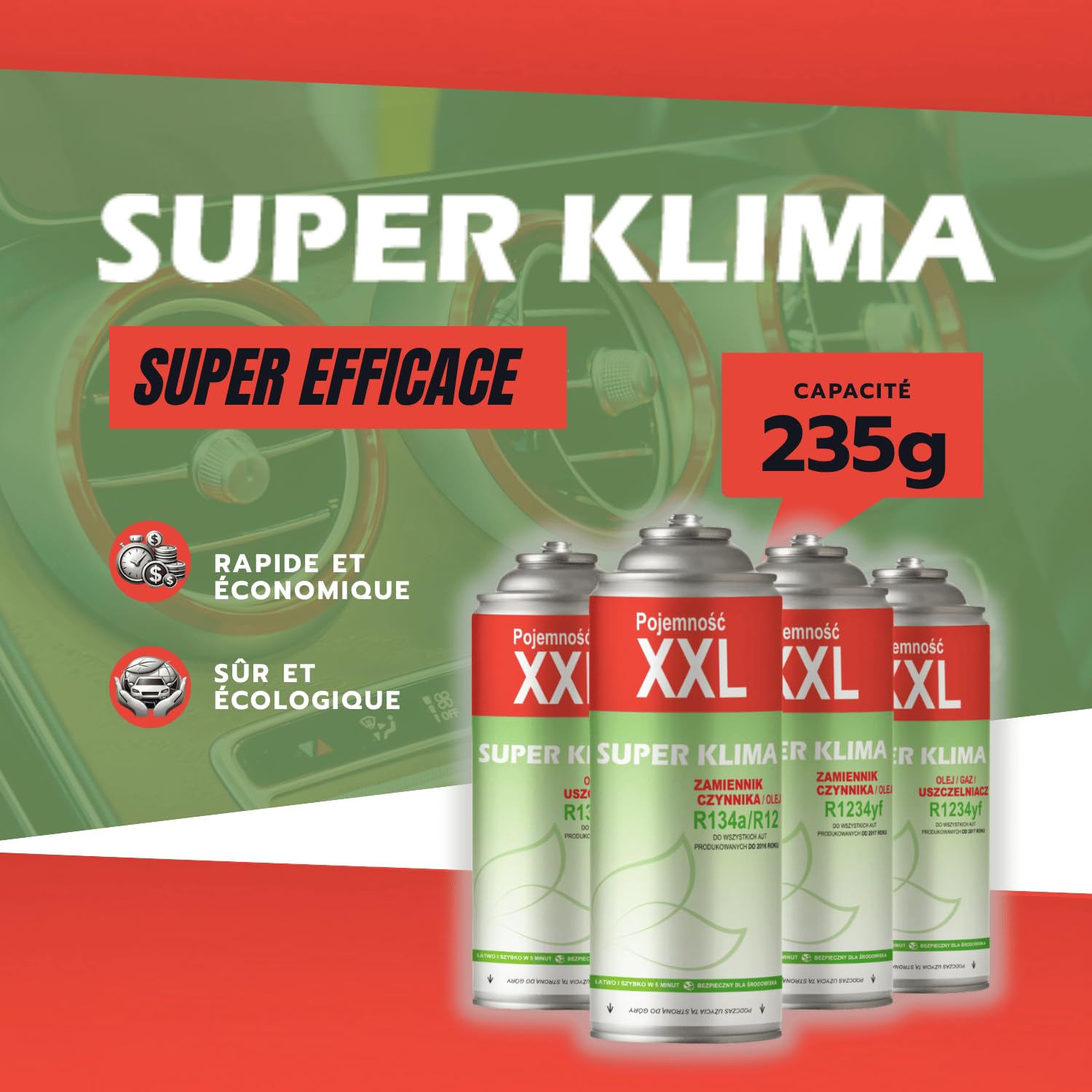 4 Cartouches R134a Recharge Clim 3 en 1, Stop Fuite Clim Auto, Gaz Climatisation Voiture, SUPER KLIMA