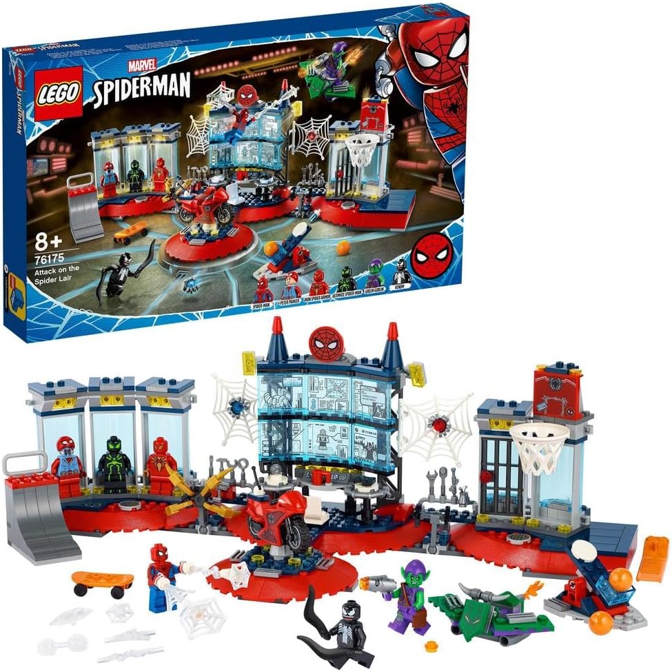LEGO Marvel Spider-Man Attack on The Spider Lair 76175 - Juguete de construcción Genial, con la sede de Spider-Man; incluye Spider-Man, Goblin Verde y Minifiguras Venom, Nuevo 2021 (466 piezas)