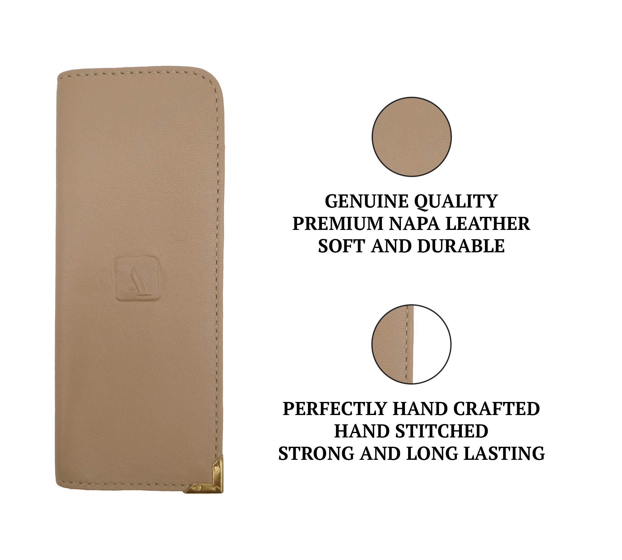 Adamis Genuine Leather Spectacles Soft Pouch for Men and Women Flexible And Durable For Reading Glass Holder compact size W43 Beige, Size 6 x 15 cm