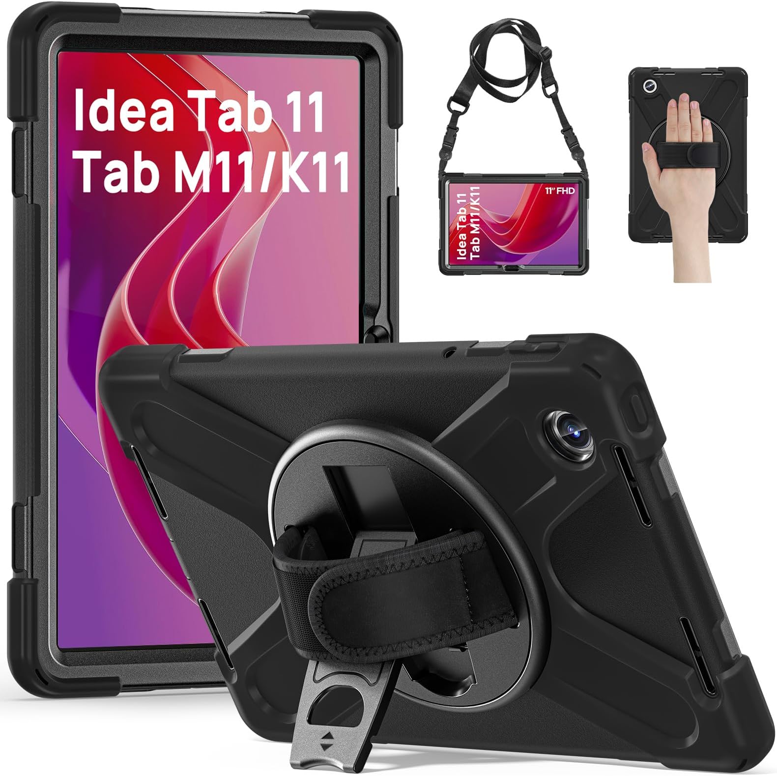 Case for Lenovo idea Tab 11 2025/Tab M11/K11/Xiaoxin Pad 11 inch Shockproof Rugged Cover with 360° Rotating Stand/Hand Strap, Shoulder Strap Durable Case for Lenovo Tab M11, Black