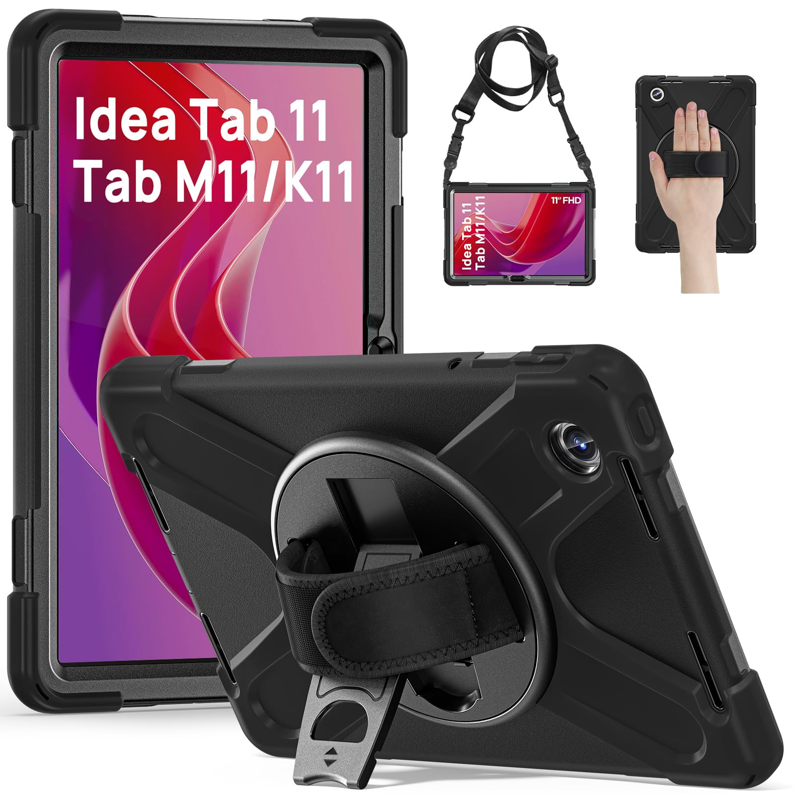 – Gerutek Case for Lenovo idea Tab 11 2025/Tab M11/K11/Xiaoxin Pad 11 inch Shockproof Rugged Cover with 360° Rotating Stand/Hand Strap, Shoulder Strap Durable Case for Lenovo Tab M11, Black