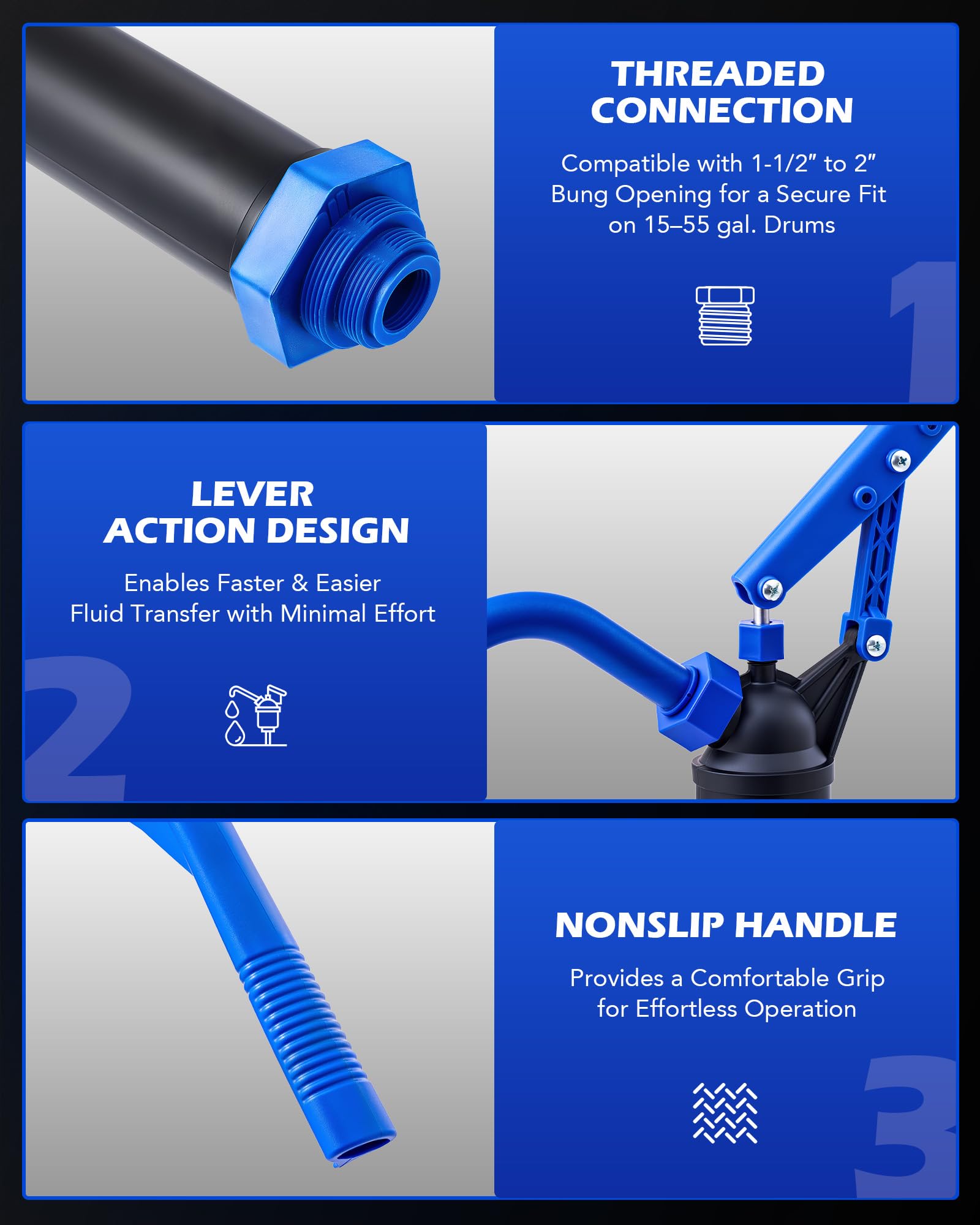 Orion Motor Tech 55 Gallon Drum Pump, Fits 5 to 55 Gallon Drums & Barrels, Lever Action Barrel Pump with 3 Section Suction Tube for Transfer of Chemicals, Acidic Solutions, Fuels, Water Based Fluids