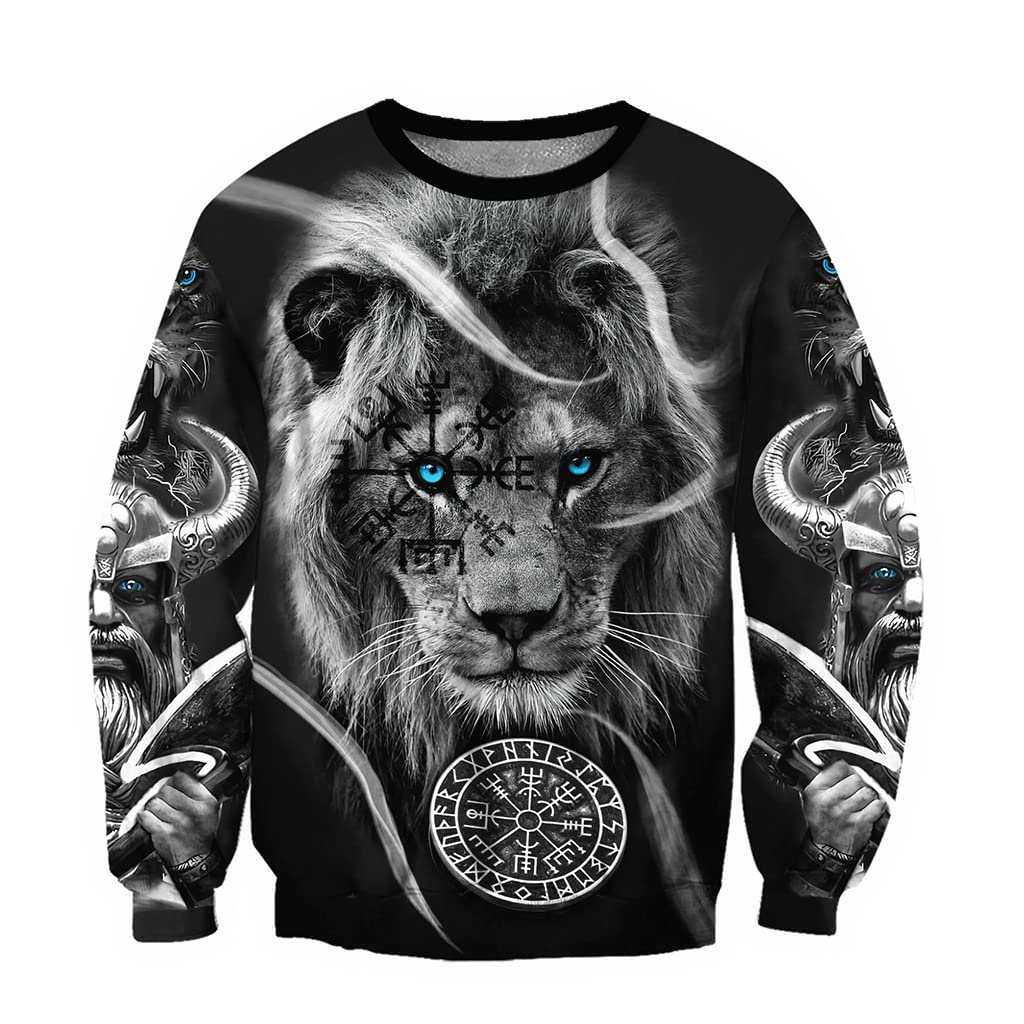 Viking Warrior Tattoo Hoodie for Men, Vintage Sweatshirt Nordic Mythology Print Oversized Jacket,Lion Vegvisir Sweatshirt,XXL