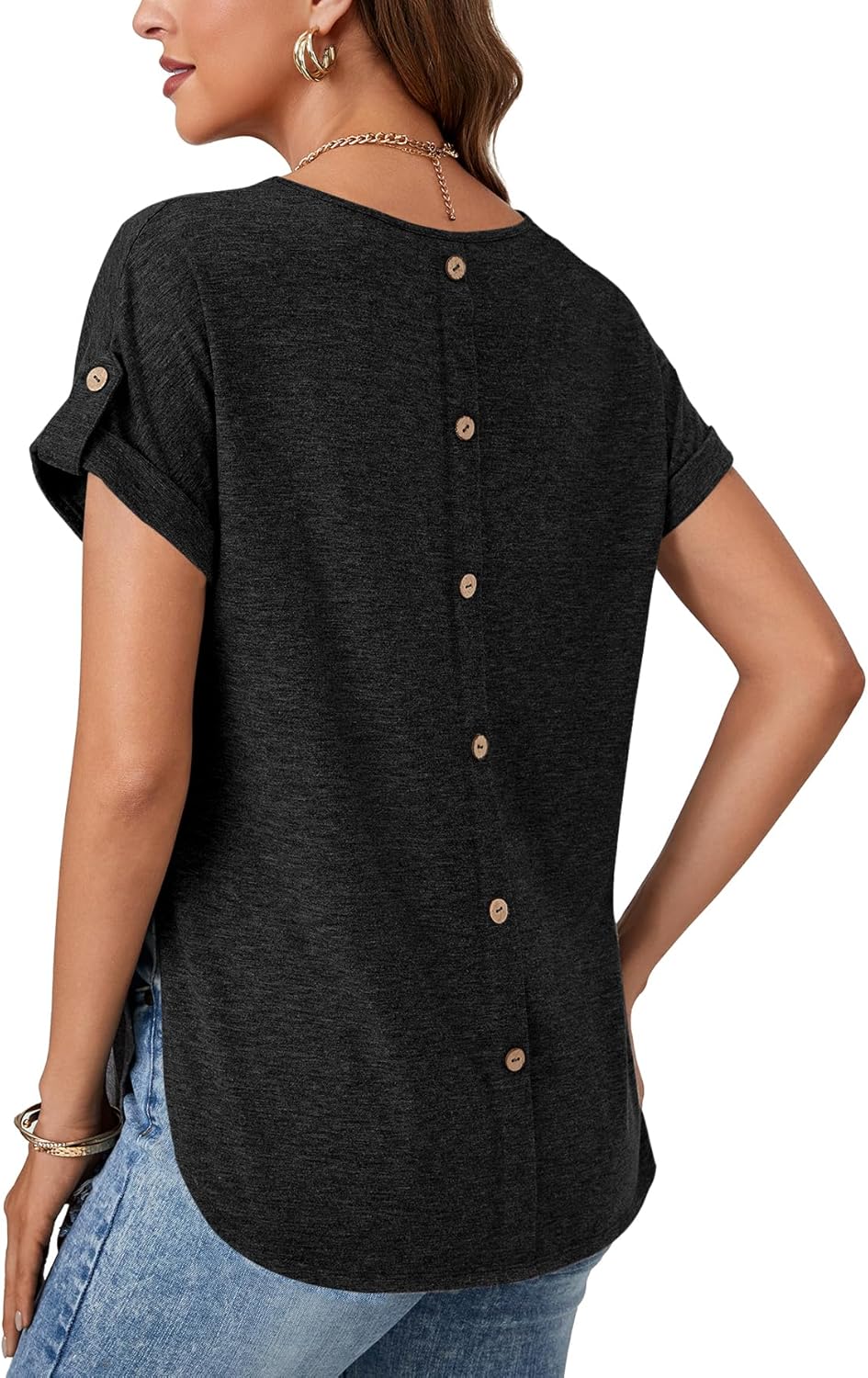 KIFOVEN Women’s Summer Tops Short Sleeve Side Split Tunic T Shirt Crew Neck Button Loose Casual Tees