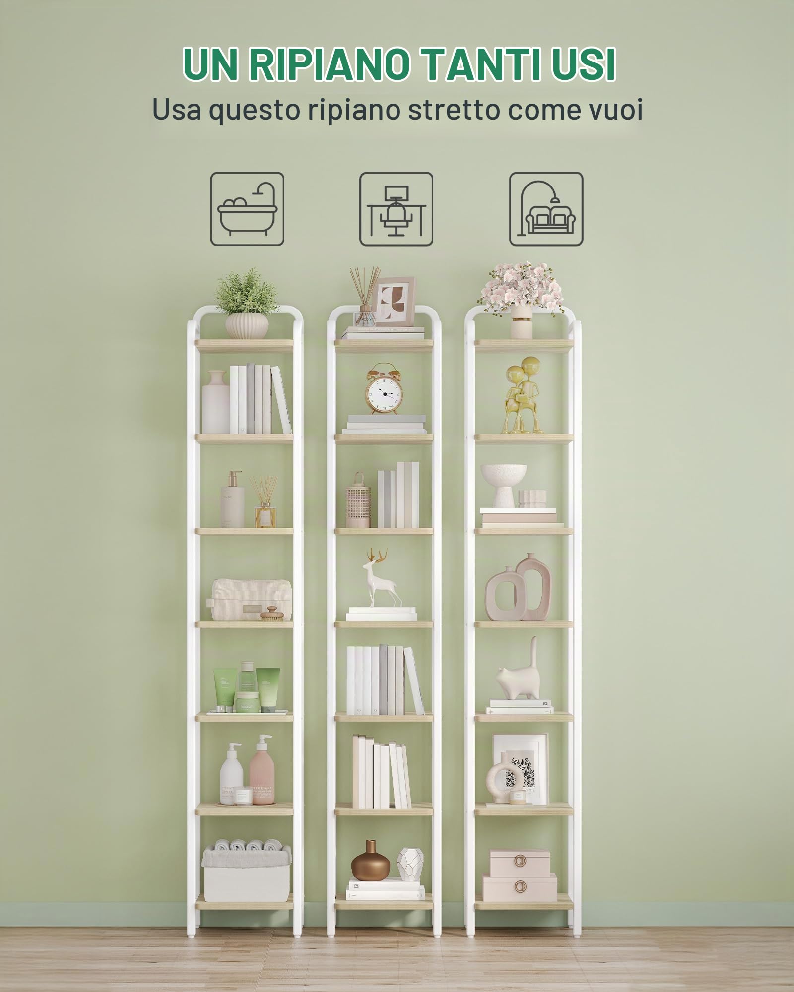 Hzuaneri Scaffale a 7 Ripiani, Libreria, Scaffale Stretto per Libri, Mensola D'angolo Industriale, Mensola Sottile per Ufficio, Soggiorno, Camera da Letto, Cucina, Quercia bianca e bianco BC24816W