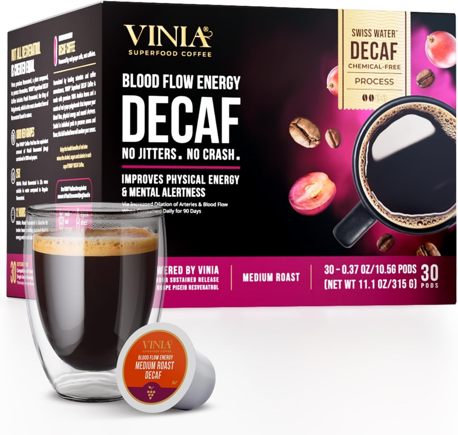 - Decaf Medium Dark Roast Coffee with Red Grape Piceid Resveratrol, Nitric Oxide for Heart Health, Alertness, Physical Energy & Blood Flow Circulation. 30ct K-Cup Pods