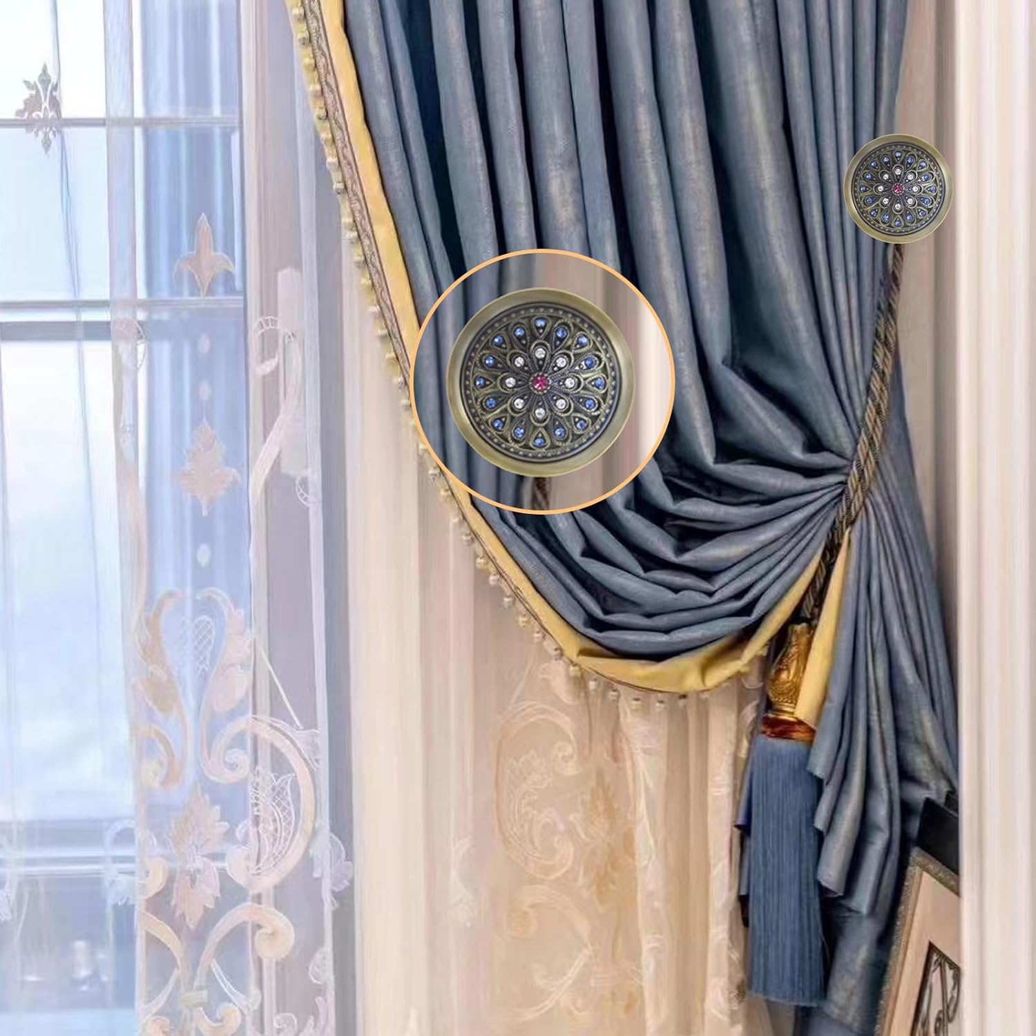 Vintage Curtain Tieback Hooks Pair Light Luxury French Zinc Alloy Wall Hooks Cloak Hooks Crystal Diamond Decorative Curtain Hooks for Bedroom Living Room(Antique Bronze)