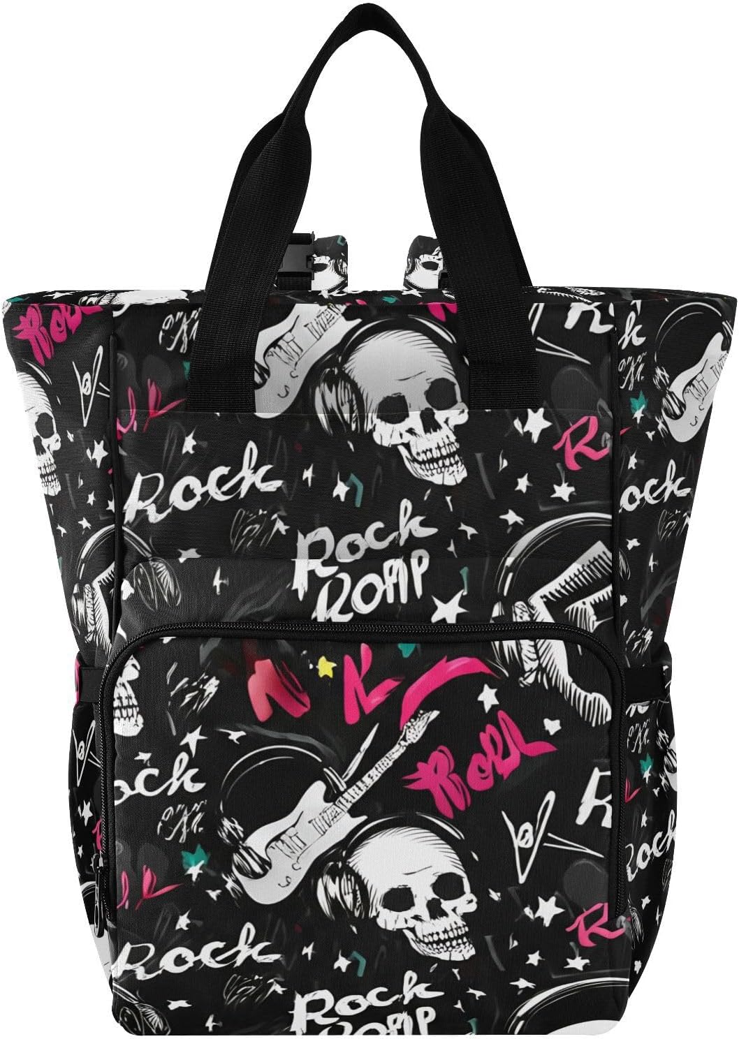 Guitar Skulls Star Black Diaper Bag Backpack for Baby Boys Girls Baby Travel Tote with Stroller Straps & Bottle Storage Maternity Travel Bag for Moms Dads Baby Shower Gifts Traveling Shopping Hiking