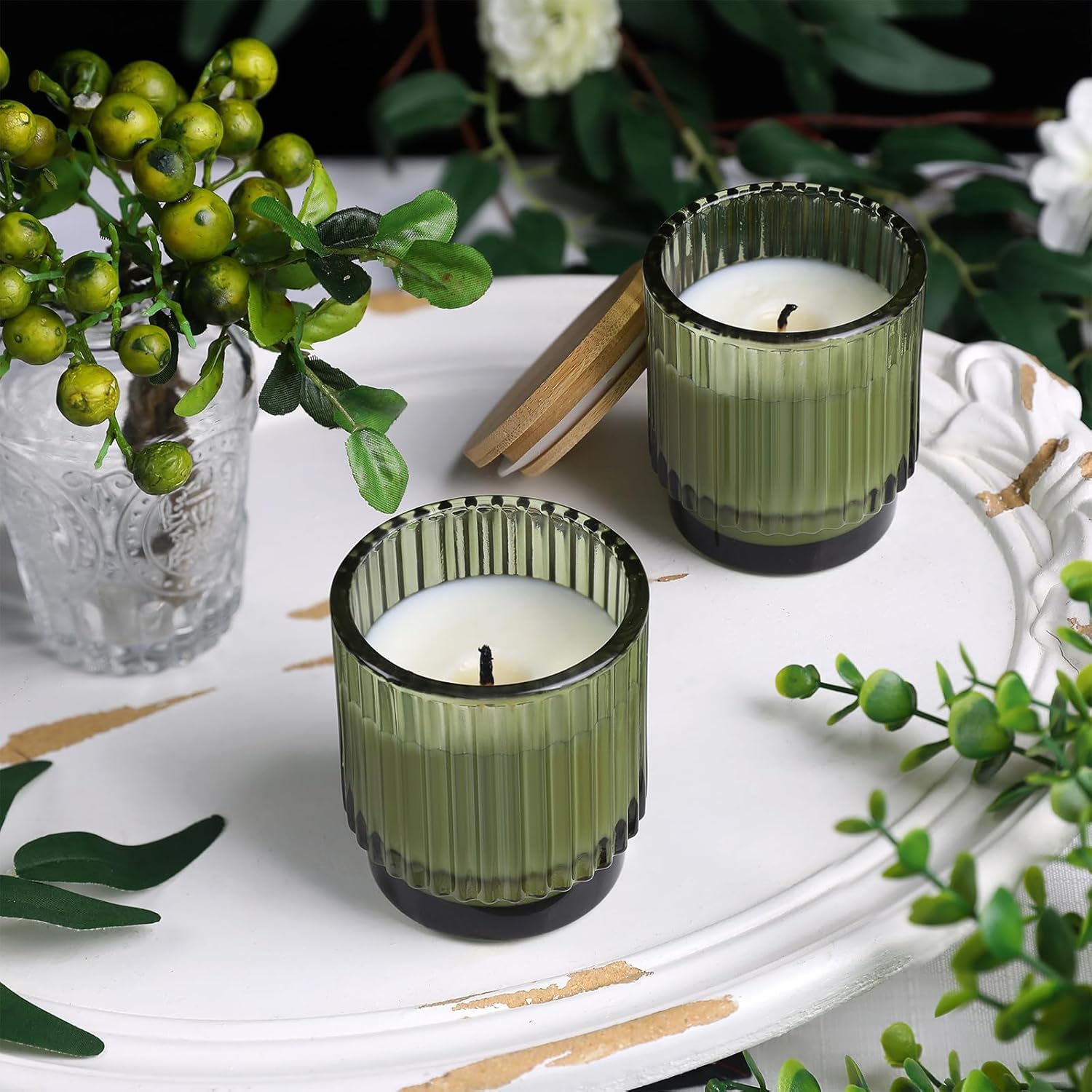 DEVI 7oz Empty Green Ribbed Glass Candle Jars - Set of 8, Glass Candle Containers with Bamboo Lids, Bulk Supplies for Gifts & Wedding Decorations