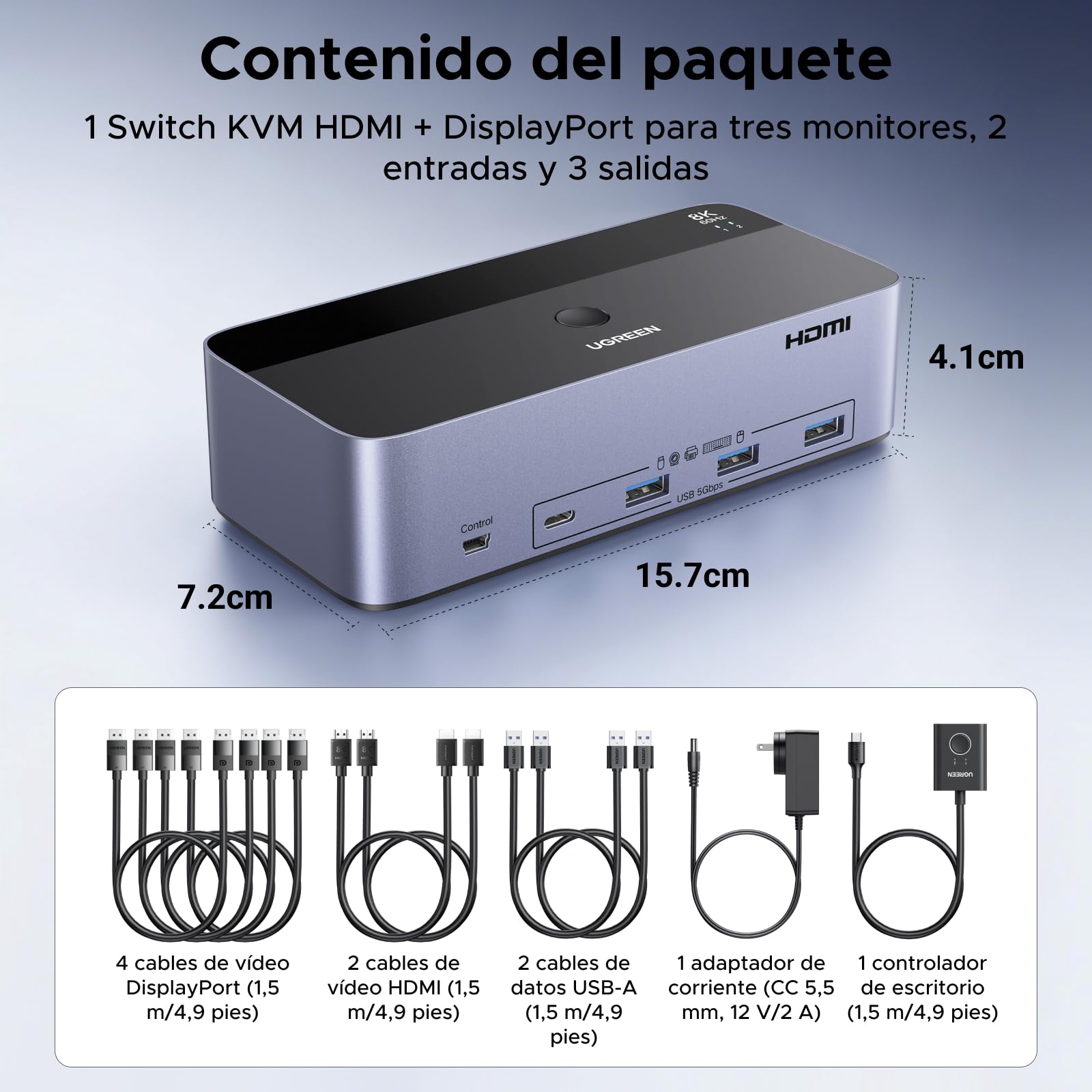 UGREEN Switch KVM HDMI+DP 2.0 2 Entradas 3 Salidas 8K 60 Hz Conmutador KVM para 2 pc con 4 puertos USB 3.0 5Gbps para Teclado Ratón Disco Duro compatible con Windows Linux macOS
