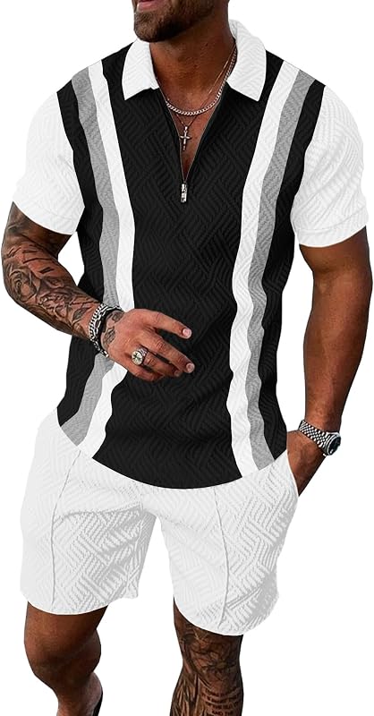 Trajes de chándal de verano para hombre conjuntos de pantalones cortos de 2 piezas conjuntos de buzo de manga corta 1/4 camisas de rayas empalmadas de polo de golf con cremallera