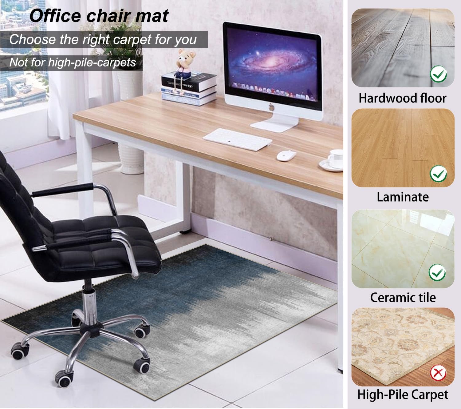 Chair Mat for Hardwood Floor,60"*48" Rolling Computer Chair Mat for Hard Wood and Tile Floor,Anti-Slip Floor Protector for Home Office Abstract Blue Grey image 4