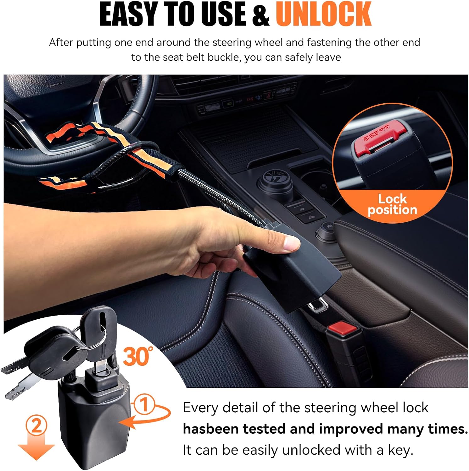 Steering Wheel Lock Anti-Theft Device, Heavy Duty Car Security Vehicle Lock with Keys, Universal Fit Adjustable Bright Orange Black for Cars Trucks SUVs