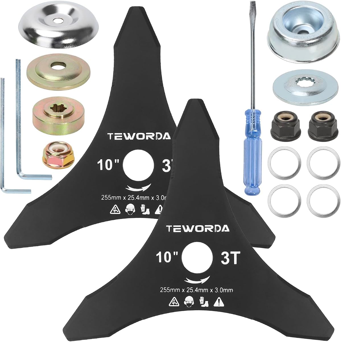 Cuchillas de repuesto para desbrozadoras de gasolina, 10.0 in x 3 dientes, 2 juegos de cuchillas de corte de acero al carbono con kits de adaptador, compatible con Husqvarna, Stihl, Oregon Weedwacker