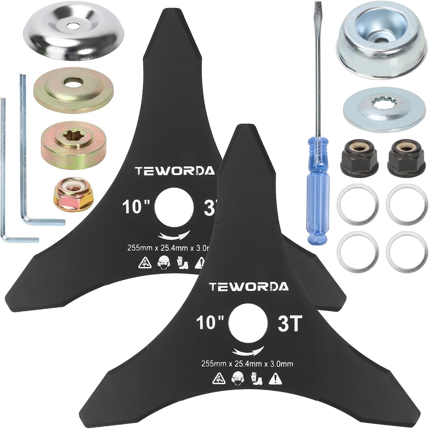 10" x 3 Teeth Brush Cutter Blades Weed Eater Replacement Blades for Gas-Powered Brush Cutters, 2 Set Carbon Steel Trimmer Blades with Adapter Kits, Compatible with Husqvarna, Stihl, Oregon Weedwacker