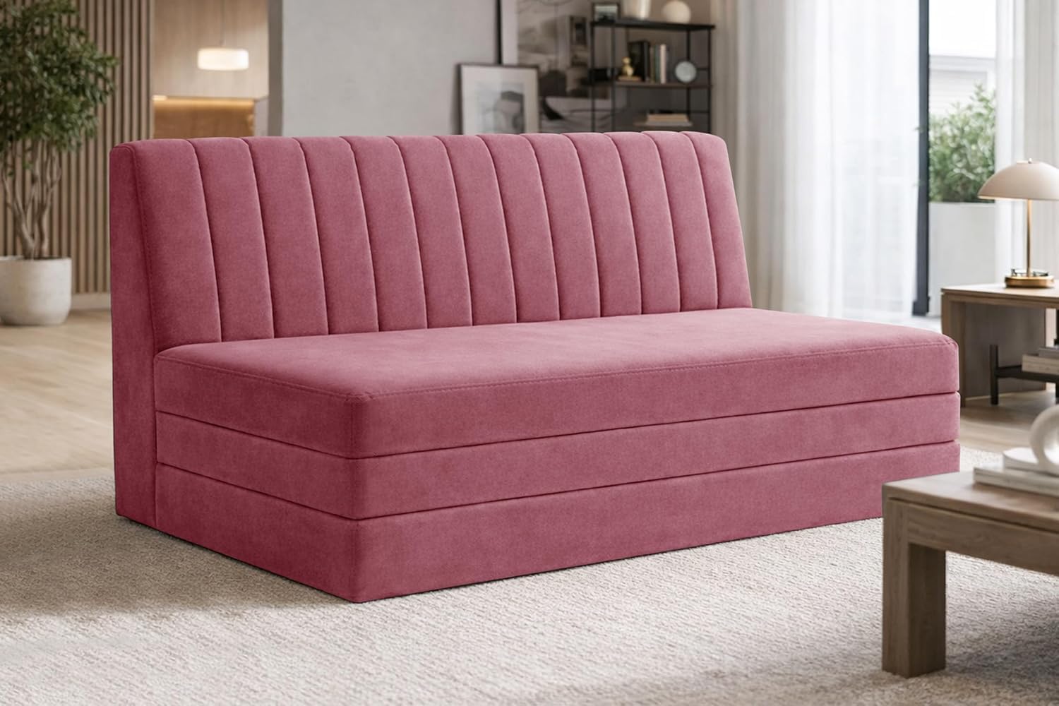 Deco Studio Three-Seater Floor Sofa Bed with Adjustable Backrest, Modern Velvet Fabric Folding Couch for Living Room, Guest Room & Small Spaces-Rose Pink