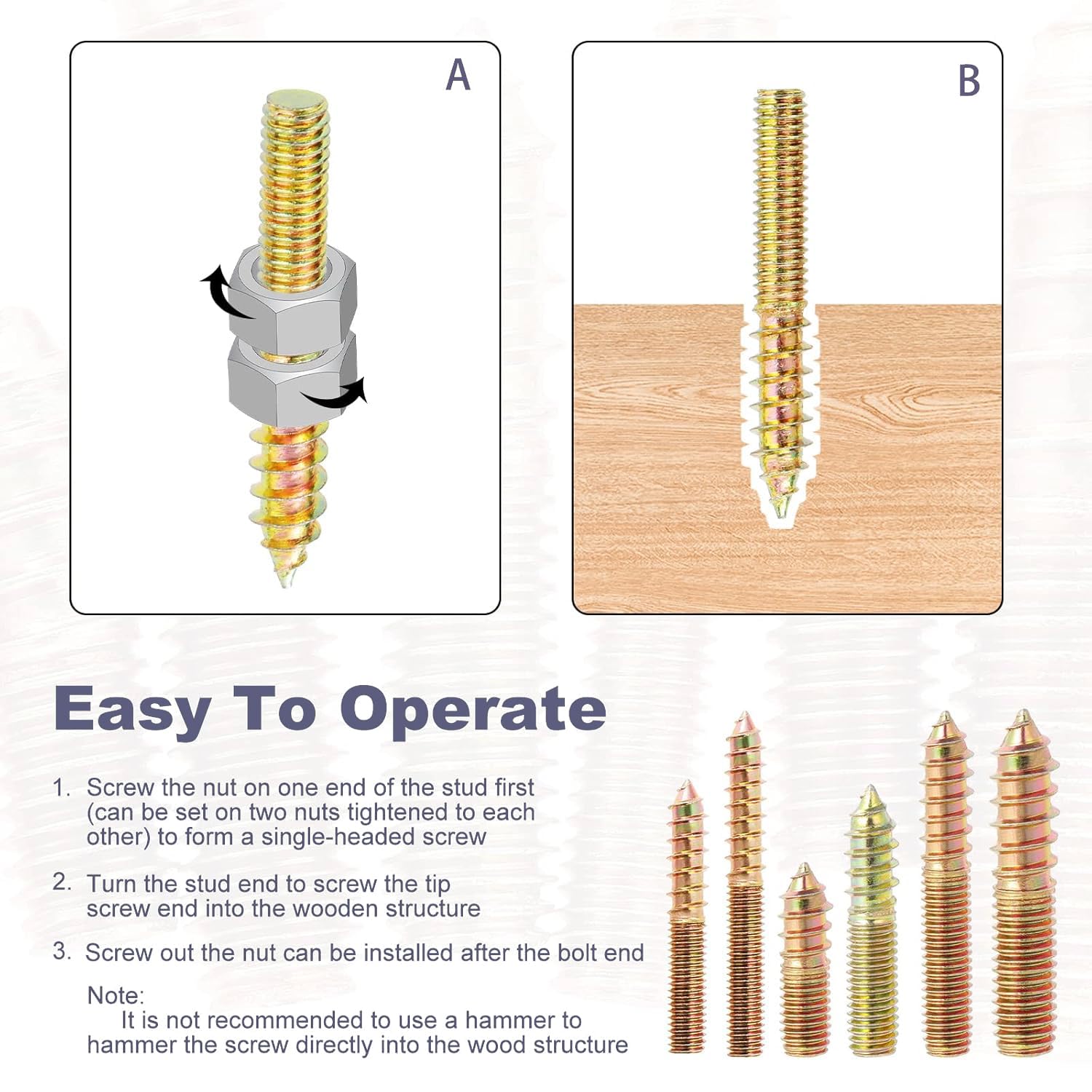 TOP-VIGOR 20Pcs Hanger Bolts, M4x30mm Double Headed Bolts Self Tapping Screw, Double Ended Dowel Screws, Screw Dowels Hanger - Image 4