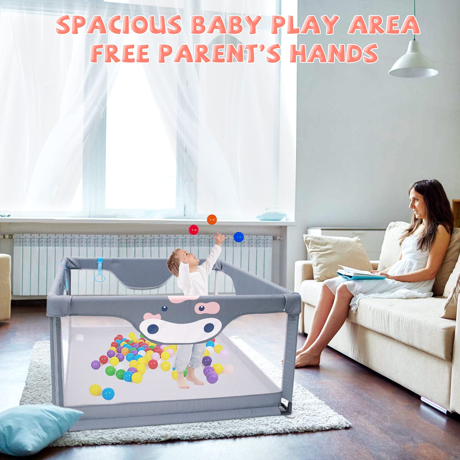 Baby Playpen - WGKLLY Playpen for Babies and Toddlers, Easy to Set Up & Clean Play Pen, Safety Baby Fence Play Yard with Zipper Door, Breathable Mesh Side, Anti-Slip Base, Carry Bag for Indoor&Outdoor