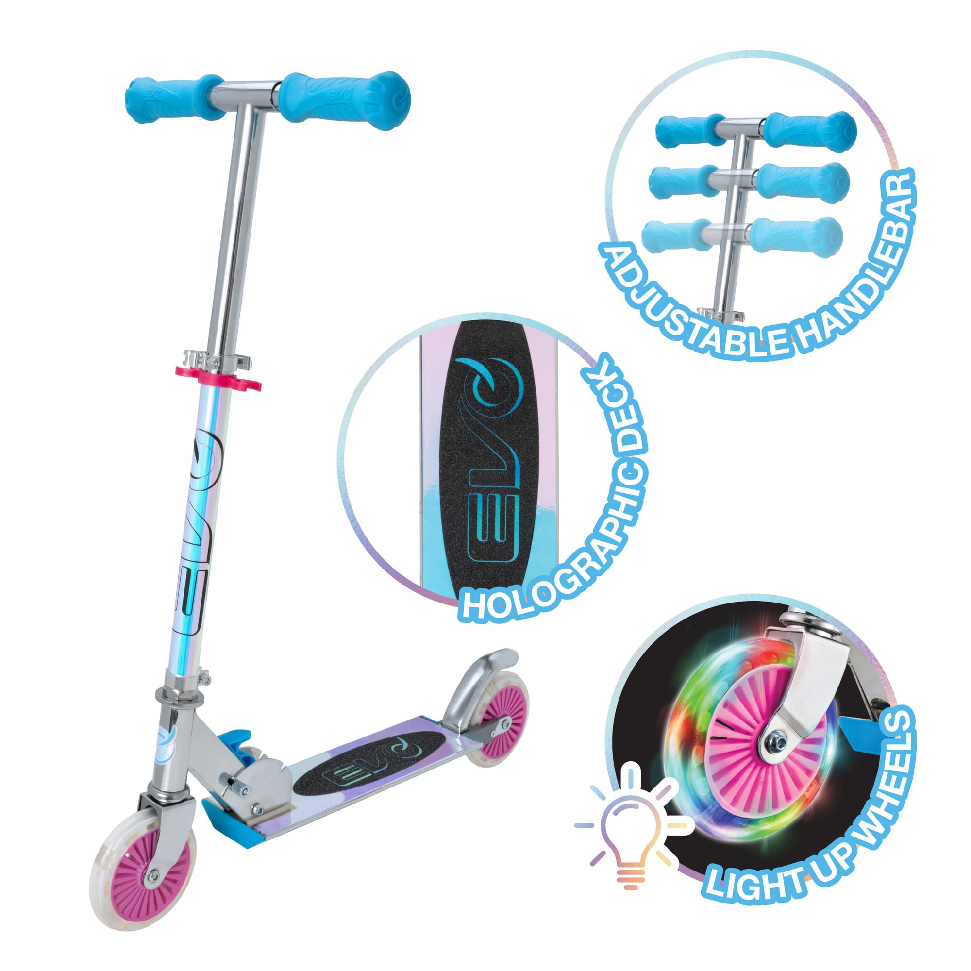 Evo Patinete holográfico en línea de 2 ruedas, color rosa y azul