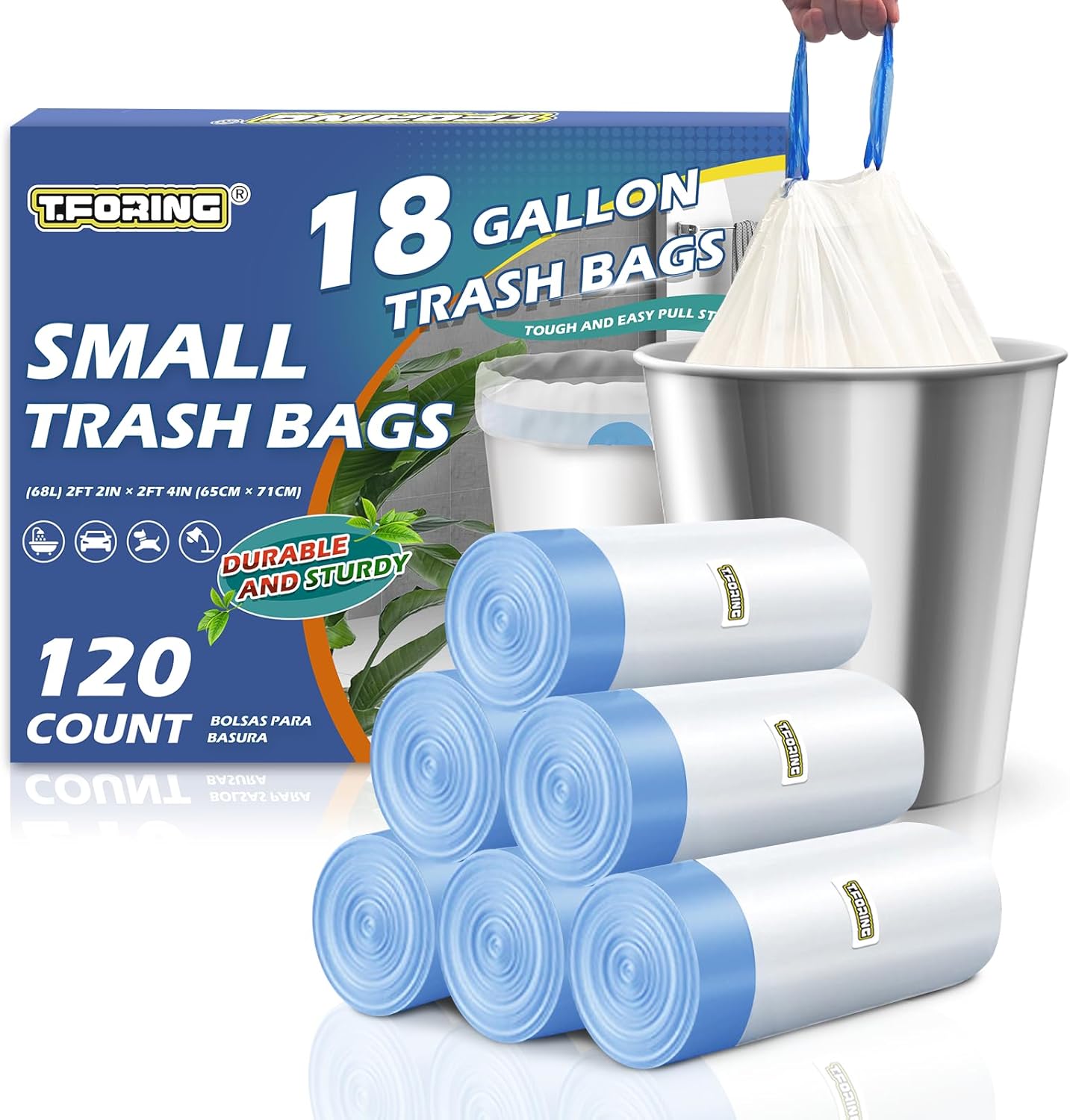 18 Gallon Trash Bags with Drawstring – 120 Count Heavy Duty 1.25 Mil Garbage Bags 68 Liter Tall Kitchen Bin Liners Unscented White for Home Yard Lawn