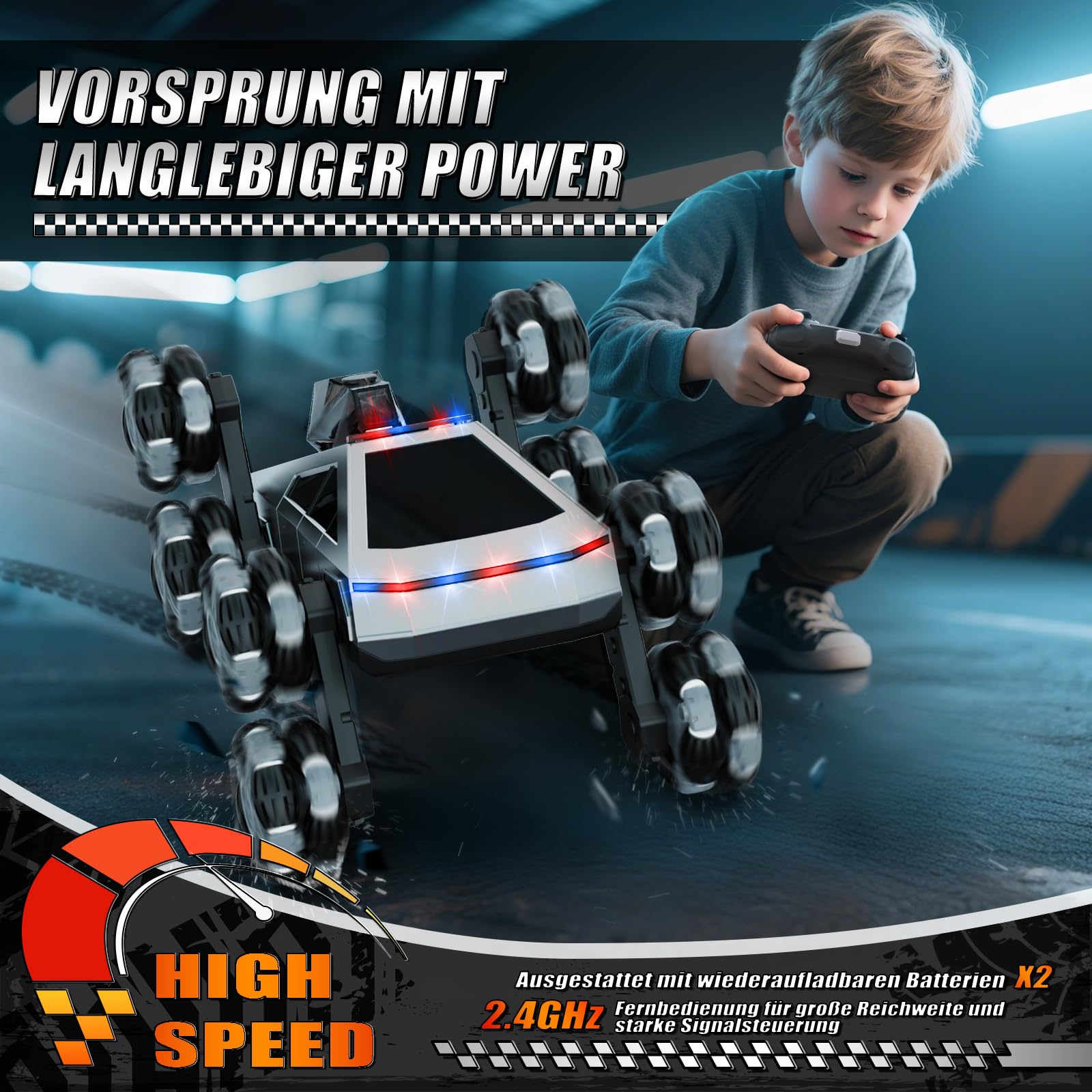 Ferngesteuertes Auto 8 Rad RC Stunt Car, 8WD RC Car, mit Handsteuerung & Fernbedienung, LED Licht Musik Sprühnebel, RC Car für Kinder 5 6 7 8 9 10 11 Jahre, geburtstagsgeschenk für Jungen und Mädchen