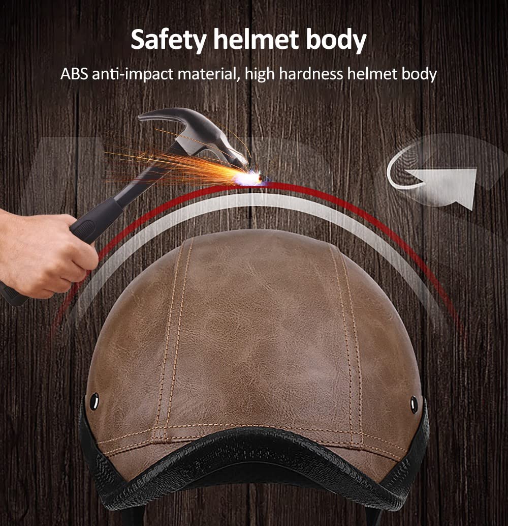 SWSAL Motorcycle German Leather Half Face Helmet, DOT Approved-Motorbike Moped Jet Bobber Pilot Crash Chopper Half Helmet, face Towel+Goggles Breathable and Lightweight M-XL (56-61cm)